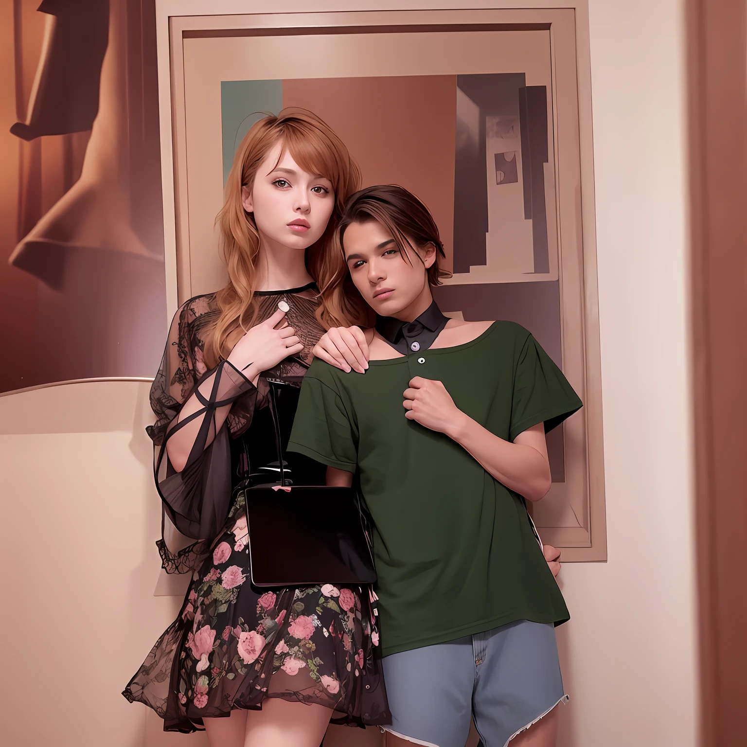 there is a man and woman standing next to each other, in style of petra collins, album art, still from a music video, in style of nan goldin, inspired by Nan Goldin, petra collins and mc. escher, couple pose, in style of kar wai wong, nostalgic vibes, petra collins, post grunge, promo art, film promotional still, realistic, ultra detail, 70mm lens,