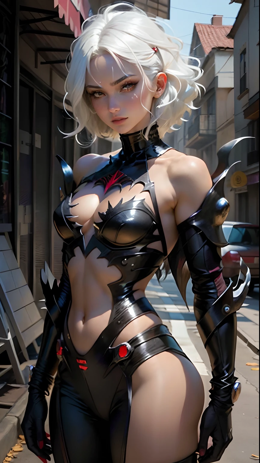 Linda mulher corpo definido detalhado usando cosplay homem aranha, seios pequenos, with shoulder-length white hair, olhos vermelhos