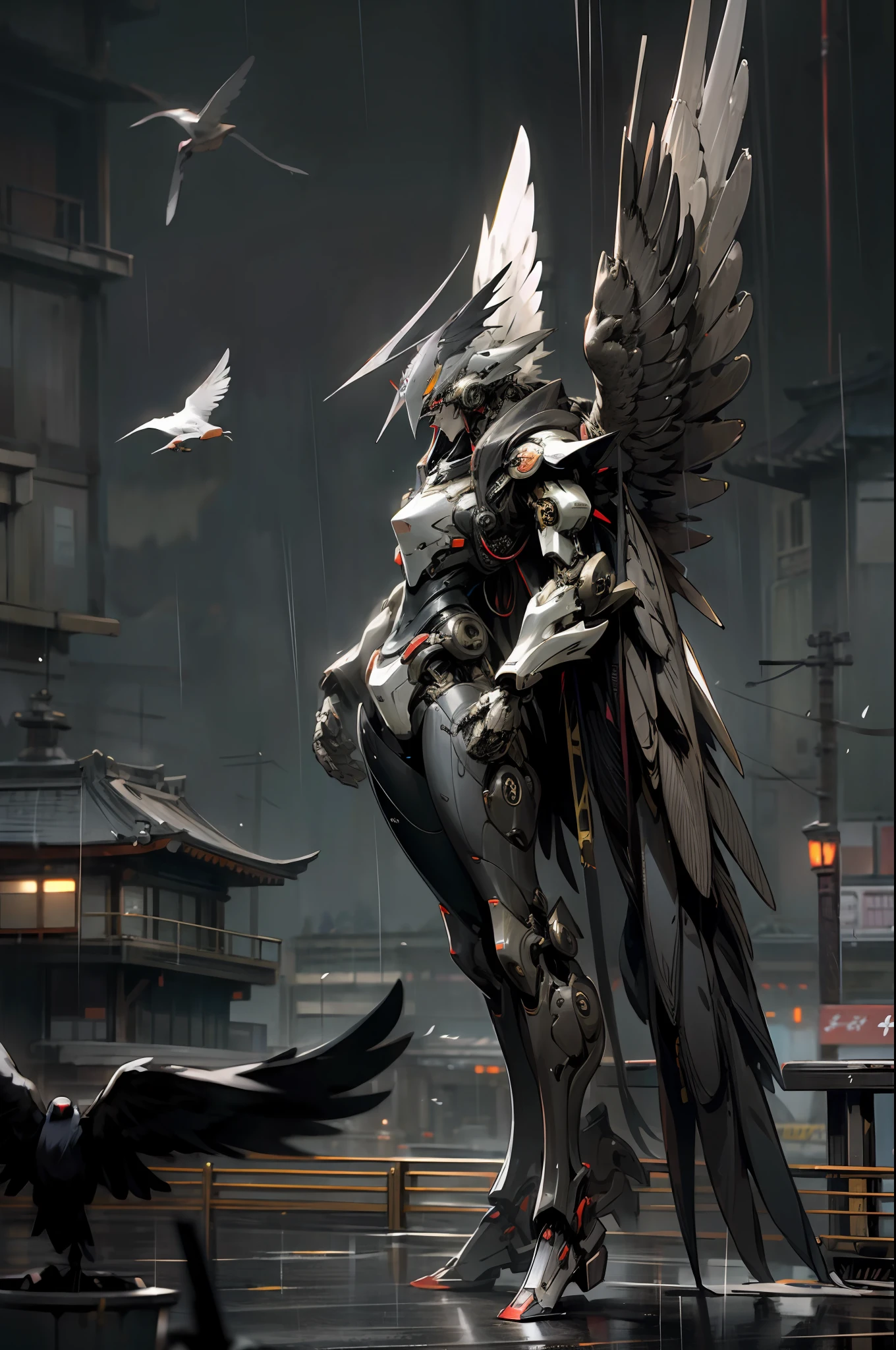 Sleek Mech themed after the raven, gunmetal graty color, avian features, japanese city, rain, pose, metallic wings, no humans
