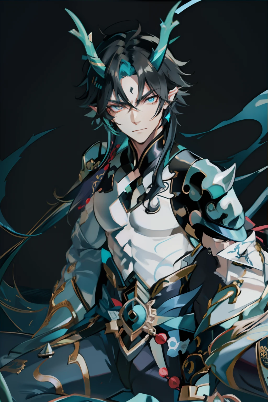 （absurderes，A high resolution，Hyper-detailing，hdr），Dragon's horn，tmasterpiece，best qualtiy，1人，独奏，Handsome，Golden eyes，Fine eyes and detailed face，toppless，Tattooed with，arma，seated on a throne，pervert smirk，Abs，chest muscle，Raised sexy，Ruffian，Show your temperament，Male，masculine appeal，Male characteristics are distinct，