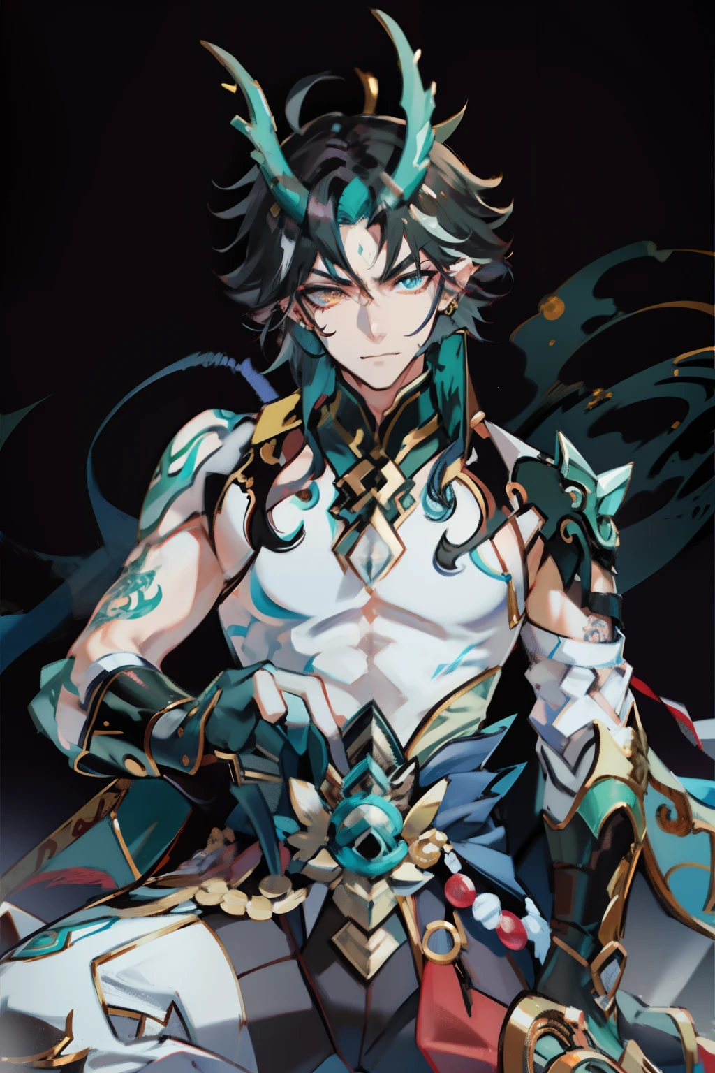 (absurderes,A high resolution,Hyper-detailing,hdr),Dragon's horn,tmasterpiece,best qualtiy,1人,独奏,Handsome,Golden eyes,Fine eyes and detailed face,toppless,Tattooed with,arma,seated on a throne,pervert smirk,Abs,chest muscle,Raised sexy,Ruffian,Show your temperament,Male,masculine appeal,Male characteristics are distinct,