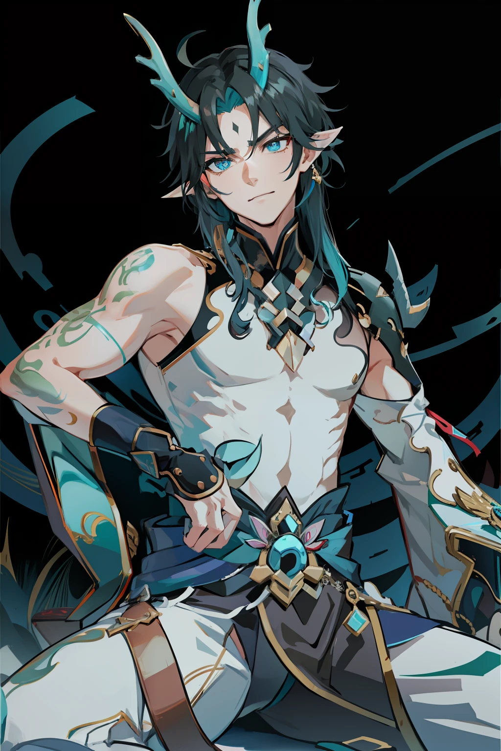 (absurderes,A high resolution,Hyper-detailing,hdr),Dragon's horn,tmasterpiece,best qualtiy,1人,独奏,Handsome,Golden eyes,Fine eyes and detailed face,toppless,Tattooed with,arma,seated on a throne,pervert smirk,Abs,chest muscle,Raised sexy,Ruffian,Show your temperament,Male,masculine appeal,Male characteristics are distinct,white pantie