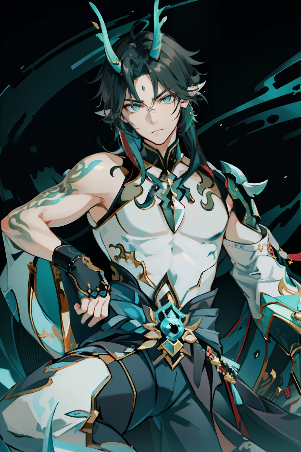 (absurderes,A high resolution,Hyper-detailing,hdr),Dragon's horn,tmasterpiece,best qualtiy,1人,独奏,Handsome,Golden eyes,Fine eyes and detailed face,toppless,Tattooed with,arma,seated on a throne,pervert smirk,Abs,chest muscle,Raised sexy,Ruffian,Show your temperament,Male,masculine appeal,Male characteristics are distinct,white pantie