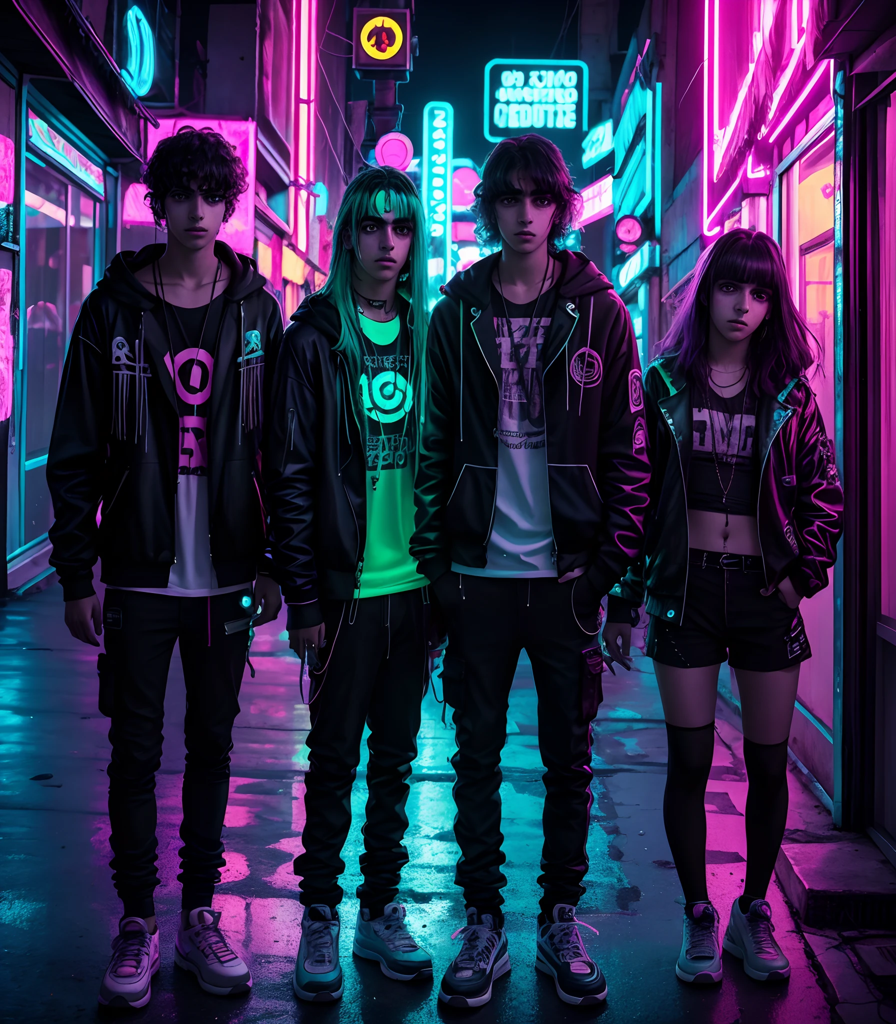 Cinco Tristes, ocidental, Hypnotized s looking dazed and hopeless in a cyberpunk reality. Hiperealista, Neon light, alta qualidade, various characters, luzes da cidade, foco nos rostos