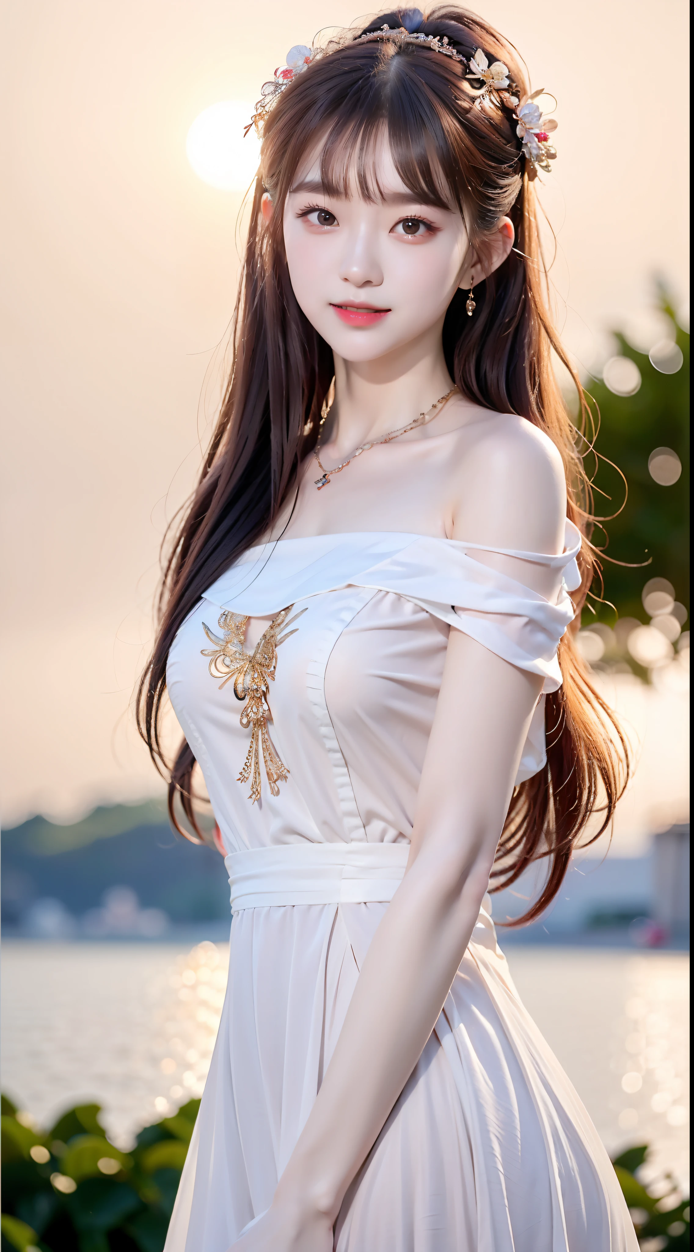 closeup of face, Face shooting, (white dresses :1.7), Short skirt miko skirt, Long streamers, blond hairbl, golden hair, (pointy ears: 1.5), (Gold pattern quality:1.3), femele, cabellos largos dorados, cropped shoulders, Top detail CG quality 4K wallpaper, grand master, tmasterpiece, sportrait, middle, Watch the footage, Beautiful Chinese idol, ((Ultra-fine face,A detailed description of the facial features)), Lip biting makeup, Sweet smiling, Perfect facial features, Model figure, Good complexion, the trees, tree branch, Golden meadow, rivulets, gold leaves, early evening, eventide, the setting sun, at twilight, autumnal, Double up braid, Hairline, diagonal bangs, shairband, hair adornments, forehead jewel, Jewel branch of Paulai, Crescent hair ornaments, fish hair ornament, Ji scissors, low ponytail, hentail realism, God Ray, glitters, cinmatic lighting, lens flare glow, UHD, high detal, high qulity, A high resolution, best qualtiy, 8K, 16K, high detal, high qulity, super detailing, anatomy correct, tmasterpiece, ccurate