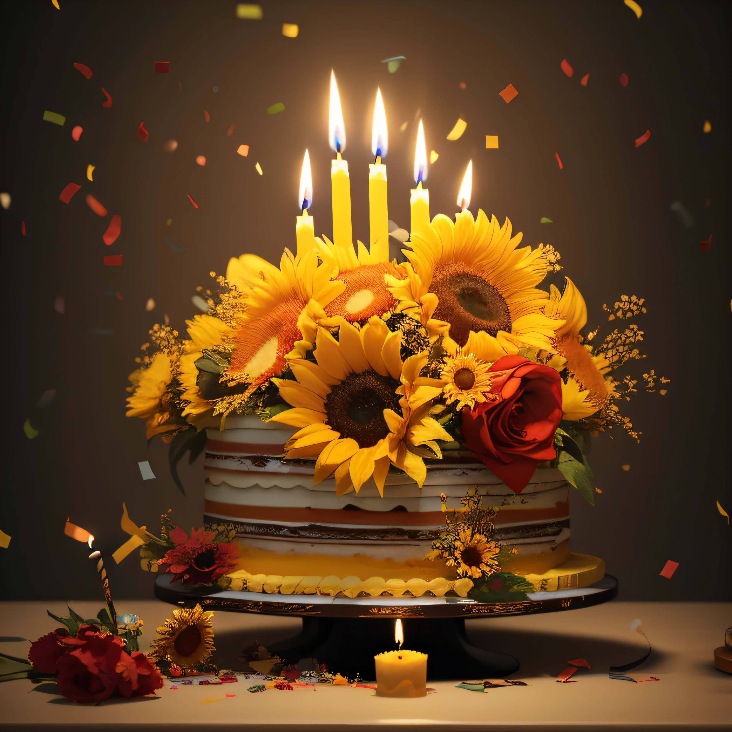 there is a cake with sunflowers and candles on it, birthday cake, happy birthday, celebrating a birthday, celebrating, happy birthday candles, cake art, cake, on a dark background, by Aleksander Gierymski, against dark background, by Marie Bashkirtseff, birthday cake on the ground, by Alison Geissler, istock, celebration