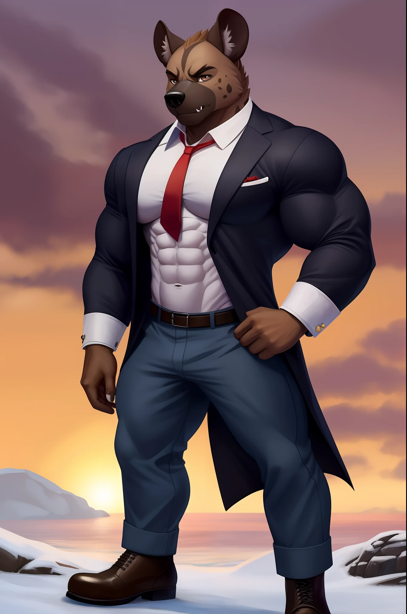 masterpiece, best quality,muscular Haida, a spotted hyena, grayish-brown fur, a black nose and ears, and a dark gray muzzle with freckle-like spots on his cheeks. hazel eyes,gray hands, tail, fur tufts in his ears, and a pronounced underbite, the clothes could be: a white dress shirt, red tie, black dress pants, and brown dress shoes at work. As director, he wears a black coat over his shirt at work and a long navy blue coat over it when out of work. His casual wear consists of a red long-sleeved t-shirt with black stripes or red long-sleeved t-shirt with a black union jack logo, black leather jacket, jeans, and boots. In winter, he wears an olive green coat with a white fur hood, appearance of anthro hyena,upper body Muscular body, Imposing body, Imposing appearance, muscular arms, muscular legs, only body, trapezoid torso, sturdy body, muscular body, defined round and fleshy pecs, defined washboard ABS, defined arms, defined legs, flexing his muscles