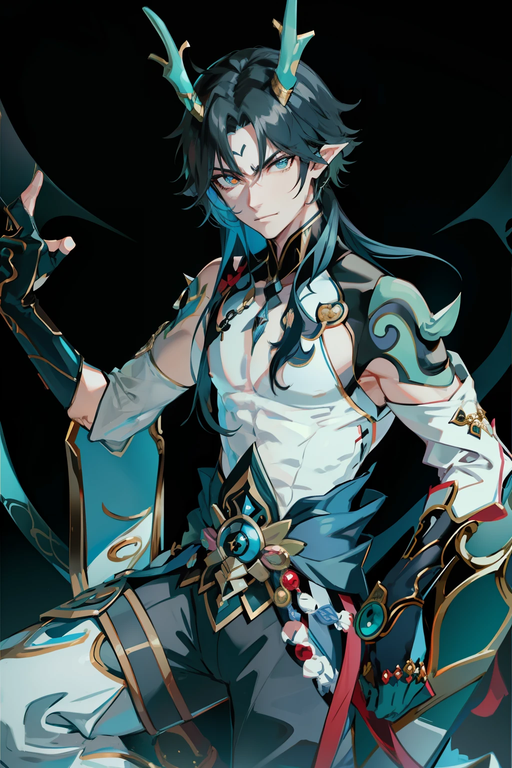 (absurderes,A high resolution,Hyper-detailing,hdr),Dragon's horn,tmasterpiece,best qualtiy,1人,独奏,Handsome,Golden eyes,Fine eyes and detailed face,toppless,Tattooed with,arma,seated on a throne,pervert smirk,Abs,chest muscle,Raised sexy,Ruffian,Show your temperament,Male,masculine appeal,Male characteristics are distinct,