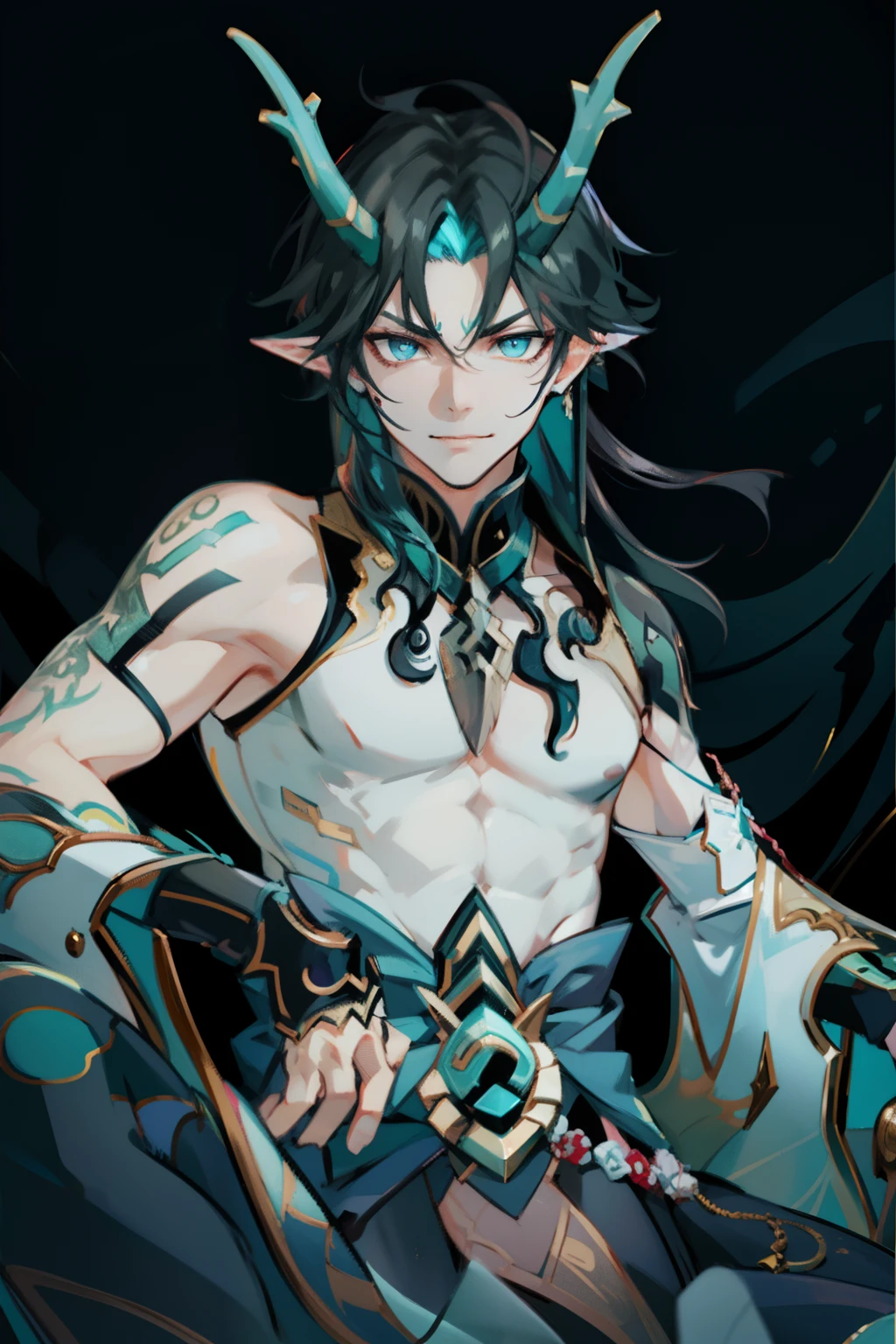 （absurderes，A high resolution，Hyper-detailing，hdr），Dragon's horn，tmasterpiece，best qualtiy，1人，独奏，Handsome，Golden eyes，Fine eyes and detailed face，toppless，Tattooed with，arma，seated on a throne，pervert smirk，Abs，chest muscle，Raised sexy，Ruffian，Show your temperament，Male，masculine appeal，Male characteristics are distinct，