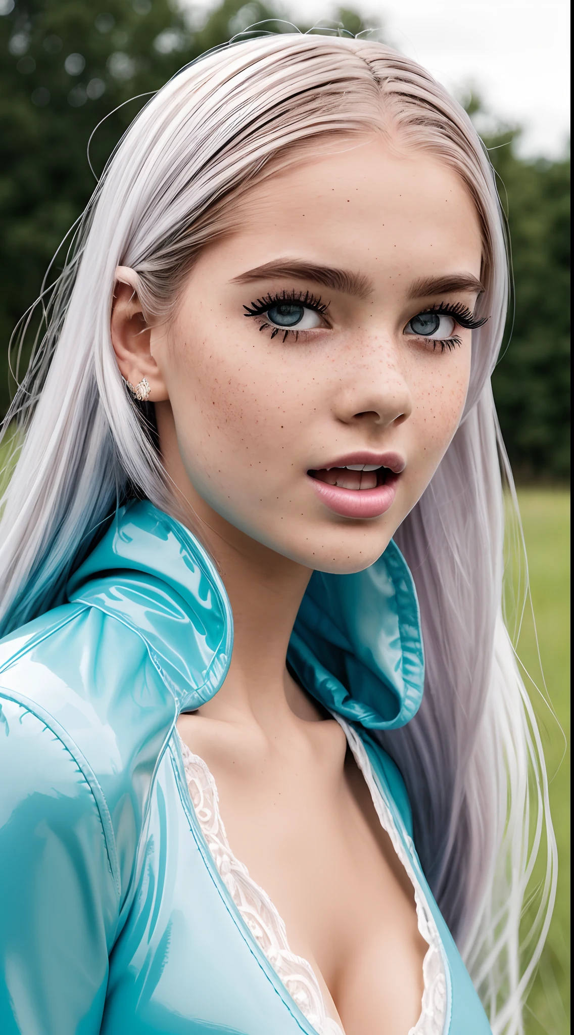 True life Professional photo of Sweden teen ((screaming)), ((Luxuriant eyelashes)), ((doll facial features)), she is young and cute, 19 years old , so beautiful , Cute Freckles, ((The wind is blowing the hair upward )) , Wearing light turquoise latex lingerie , Very skinny , Tall , Natural big tits , Masterpiece, Professional photo , Realistic, Huge image size , Absurd , Best quality ,Fujifilm X- T5 , 8k, 20 megapixel, contrast, textured skin, light freckles,hard light, gigapixel, White studio background, Strong straight lighting, light on face, high-quality, realistic image, high-resolution, detailed, sharp, vivid, lifelike, clear, accurate, true-to-life, precise, rich, deep, natural, Award photo