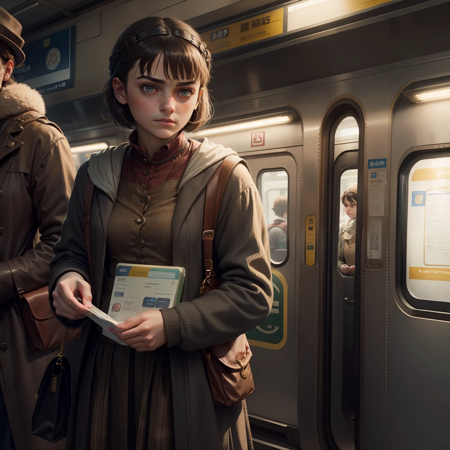arya stark buying subway train ticket from gold coin, detailed face, side pose, old fashion cloths
