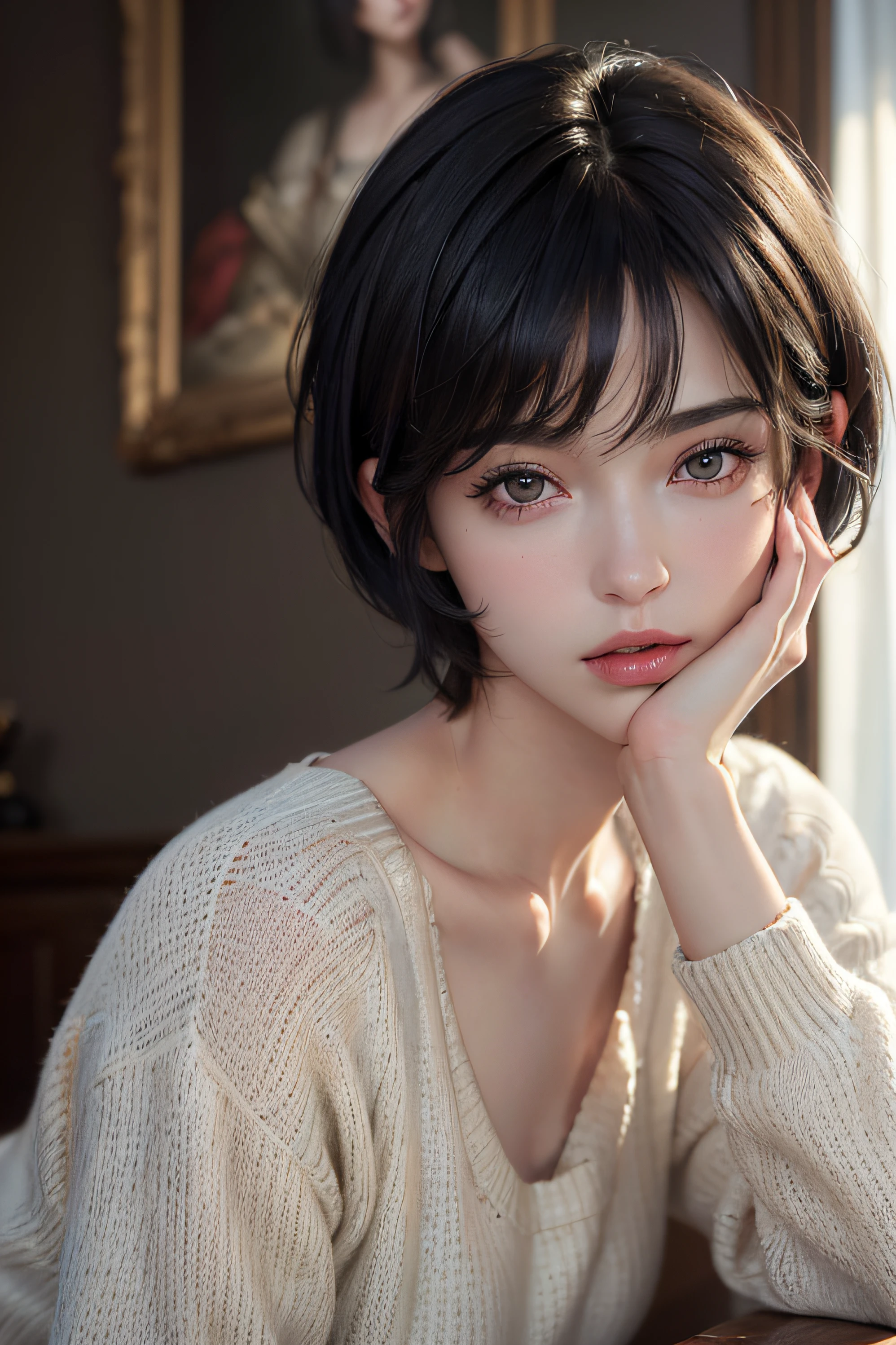 (masterpiece:1.3), (8k, photorealistic, RAW photo, best quality: 1.4), (1girl), beautiful face, (realistic face), (black hair, short hair:1.3), beautiful hairstyle, realistic eyes, beautiful detailed eyes, (realistic skin), beautiful skin, (sweater), absurdres, attractive, ultra high res, ultra realistic, highly detailed, golden ratio