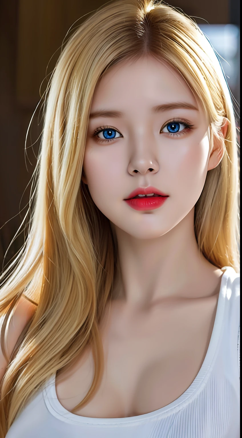 (hyperrealistic), (illustration), (high resolution), (8K), (extremely detailed), (best illustration), (beautiful detailed eyes), (best quality), (ultra-detailed), (masterpiece), (wallpaper), (photorealistic:1.4), (natural light), (rim lighting), (detailed face), high detailed realistic asian skin texture, anatomically correct, solo, 1 girl, (high detailed realistic long blonde hair:1.3), heterochromic eyes, (detailed blue eyes), small moles under the eyes, (big breasts:1.5), long legs, tight abs, dynamic pose, white punk t-shirt,