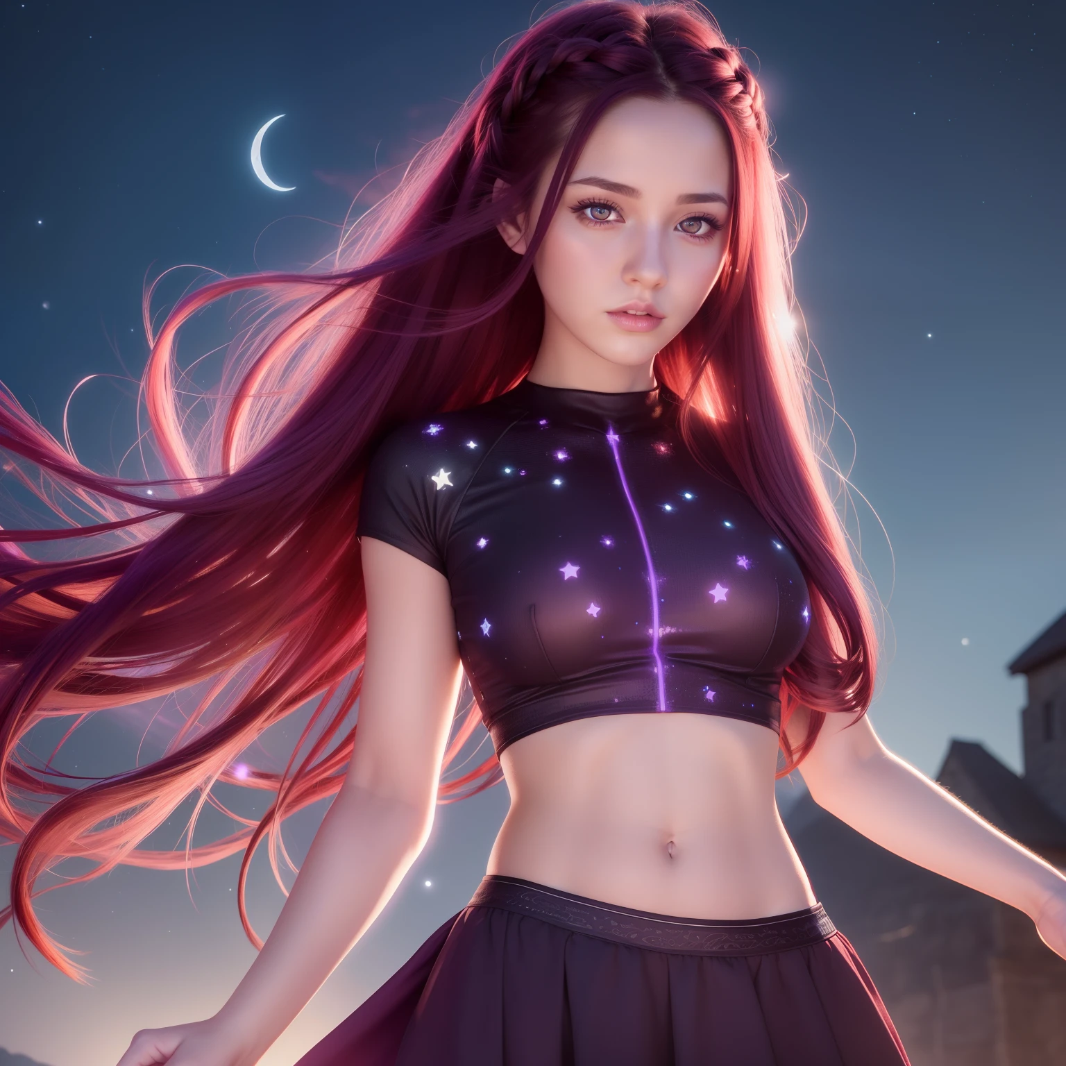 realistic, 1girl, medium long braided dark red hair, purple eyes, glowing eyes, glow skin, crop top, skirt, parted lips, blush, night, moon, stars, sunlight,