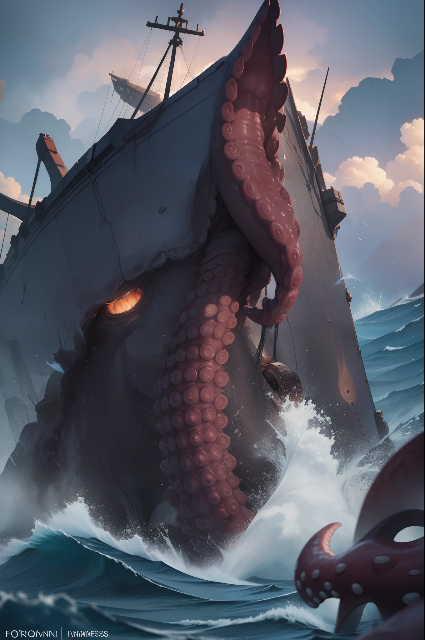 Amidst the tumultuous waves, a colossal kraken emerges, its massive tentacles lashing out towards the struggling ship. Onboard, fearless soldiers brandish their weapons, locked in a fierce battle to fend off the relentless onslaught of the monstrous sea creature