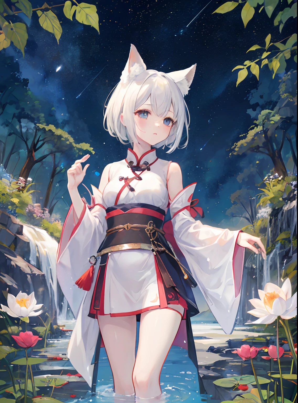 ((4K、​masterpiece、top-quality))、shuimobysim、Traditional Chinese Costume、lotuses、Hanfu、Maxi Kit、One woman was modestly dressed、独奏、white  hair、short-cut、fox ear、blanche、minakata、looking at viewert、Banter、Oneshota、water dripping, Splash, looks up、hight resolution,Looking at Viewer, masutepiece,Best Quality, Extremely detailed, Perfect Lighting、Beautiful thighs、Wet、girl, Solo,Starry sky, Night, plein air, Clouds, reflection、Sexy、full bodyesbian、odd eye、Walking in the presence of fireflies