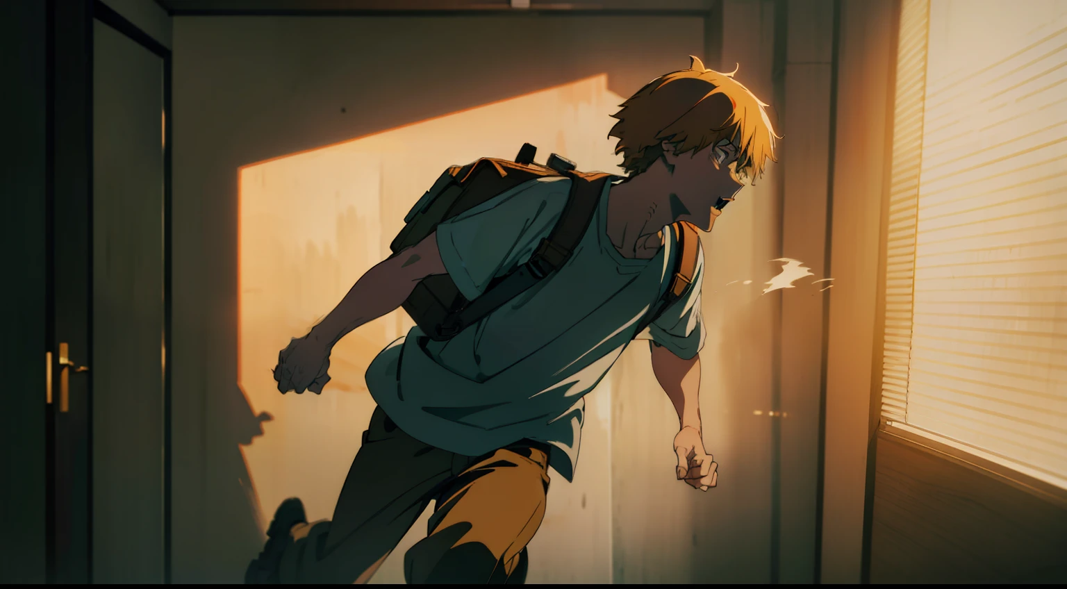 Denji hurriedly grabbing his backpack and dashing out of his house, running late. Captured in the vivid realism of a 35mm lens, this tense moment is frozen in time through photography. The renowned photographer Alex Jensen's keen eye captures the scene, emphasizing Denji's disheveled appearance and anxious expression as he rushes past his cluttered room. The lighting casts long shadows, and a mix of warm and cool tones heightens the urgency in the atmosphere. --v 5 --stylize 1000