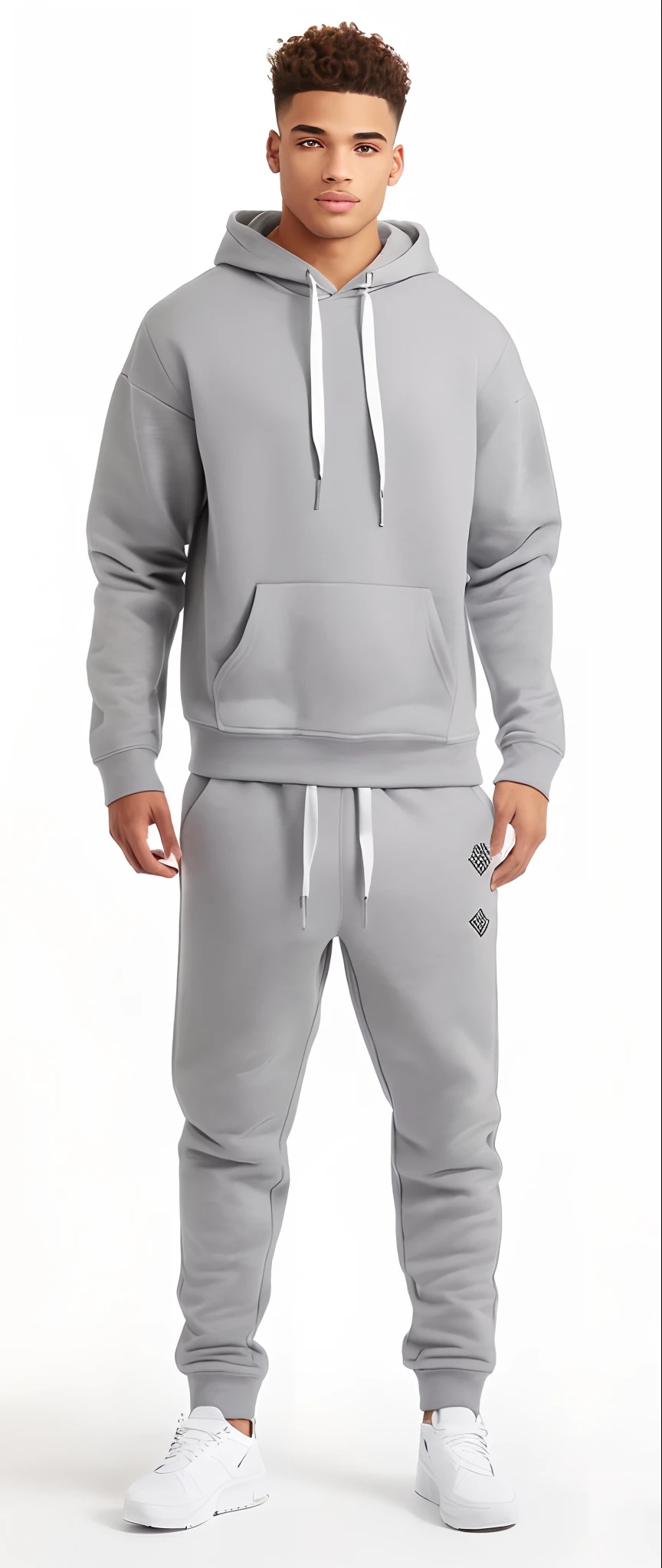 A man in a gray hoodie and sweatpants stands in front of a white background, wearing a hoodie and sweatpants, wearing a tracksuit, agasalho esportivo, roupas esportivas, wearing a track suit, capuz cinza, capuz cinza, usando capuz, vestindo um moletom cinza com capuz, roupas cinzas, usando um capuz, roupas esportivas, usando um capuz, Capuz