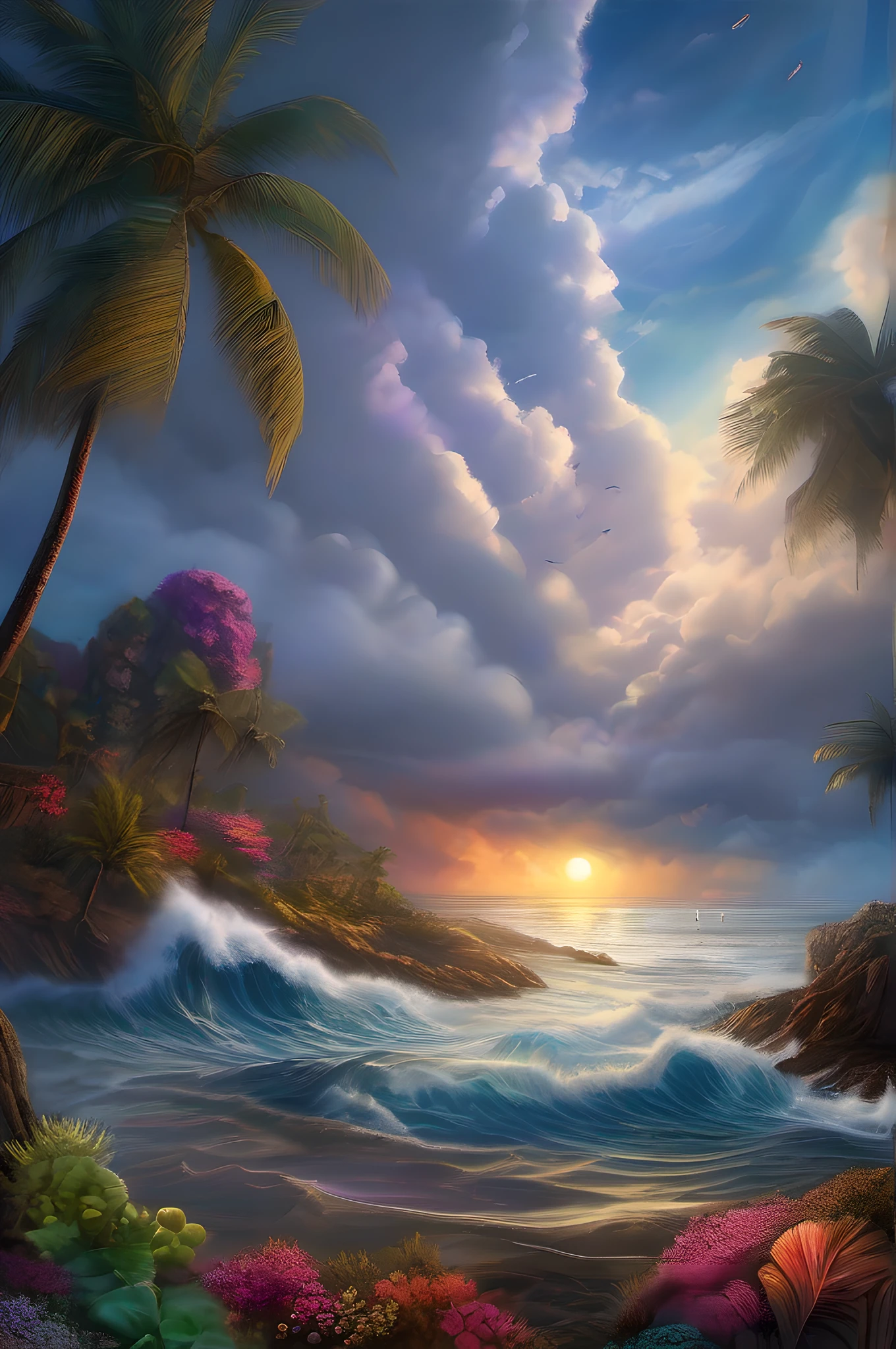 island, tsunami, storm, colorful, ultra highly detailed, 32 k, Fantastic Realism complex background, dynamic lighting, lights, digital painting, intricated pose, highly detailed intricated, stunning, textures