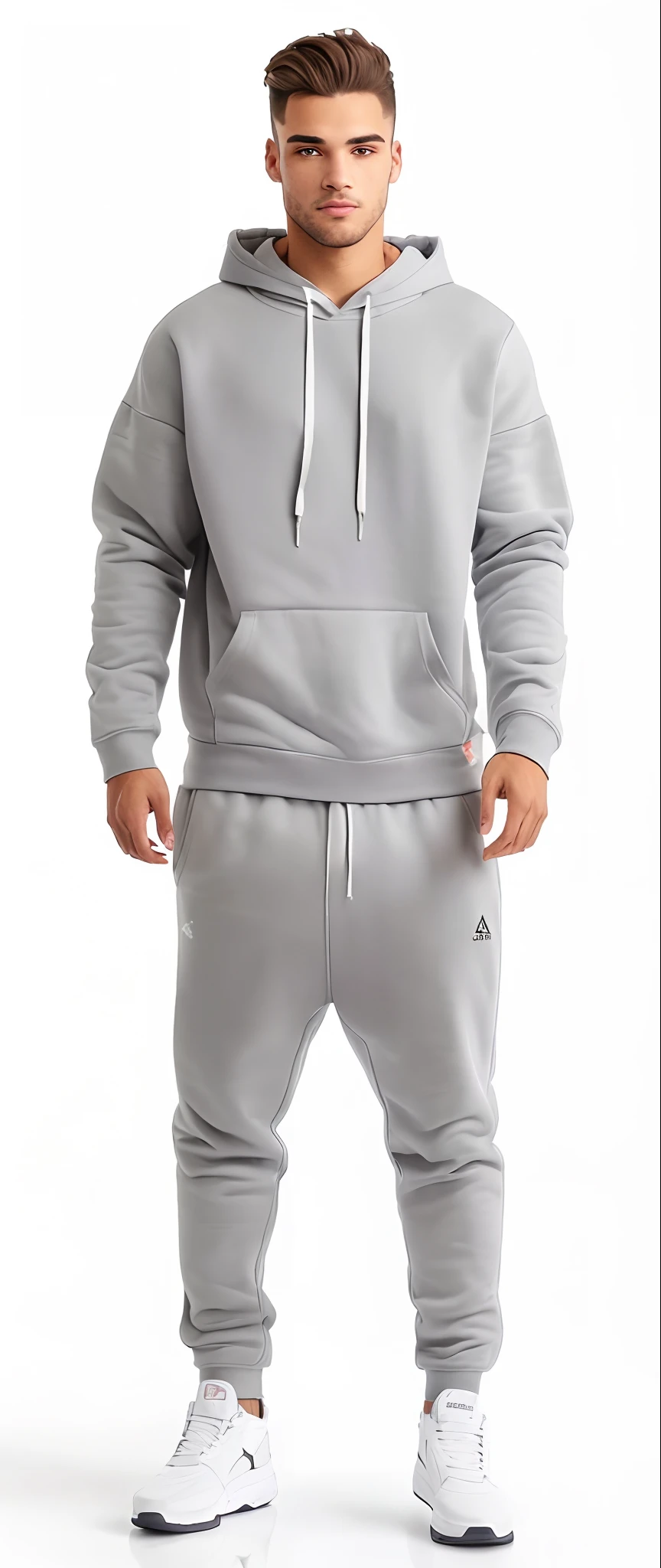 A man in a gray hoodie and sweatpants stands in front of a white background, wearing a hoodie and sweatpants, wearing a tracksuit, agasalho esportivo, roupas esportivas, wearing a track suit, capuz cinza, capuz cinza, usando capuz, vestindo um moletom cinza com capuz, roupas cinzas, usando um capuz, roupas esportivas, usando um capuz, Capuz