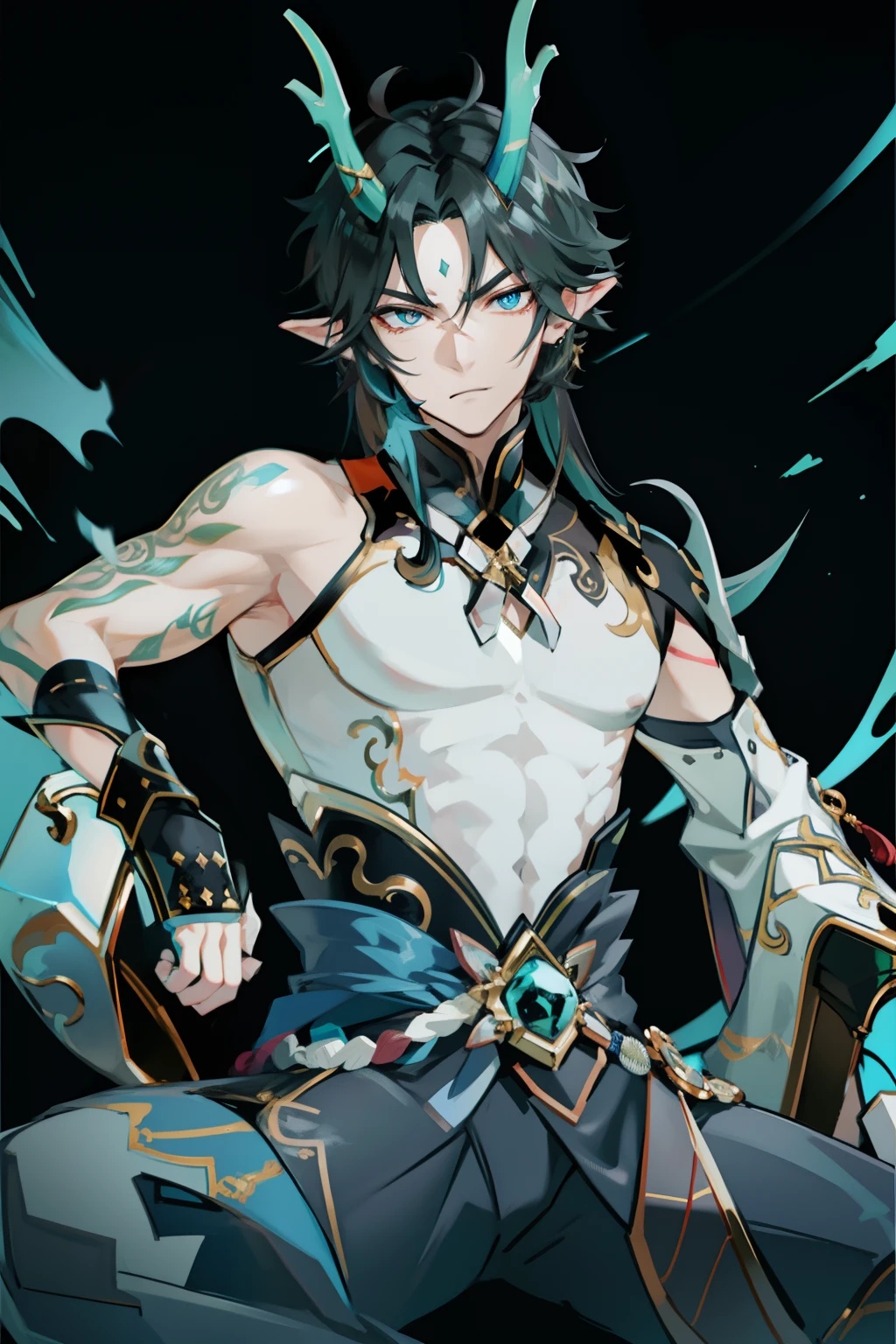 （absurderes，A high resolution，Hyper-detailing，hdr），Dragon's horn，tmasterpiece，best qualtiy，1人，独奏，Handsome，Golden eyes，Fine eyes and detailed face，toppless，Tattooed with，arma，seated on a throne，pervert smirk，Abs，chest muscle，Raised sexy，Ruffian，Show your temperament，Male，masculine appeal，Male characteristics are distinct，white pantie