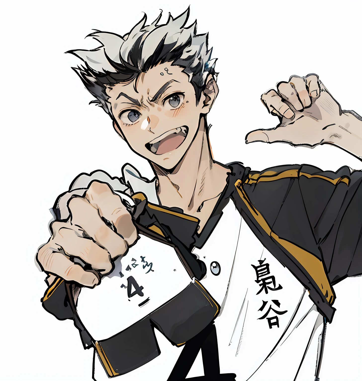 Black and white shirt figures, Anime characters point with their index finger,kentaro miura manga art style, High-quality fan art, The official art style of Akihiko Yoshida, Kubo Tate's trigger animation art style,Black and white hair color,Kotaro Kido