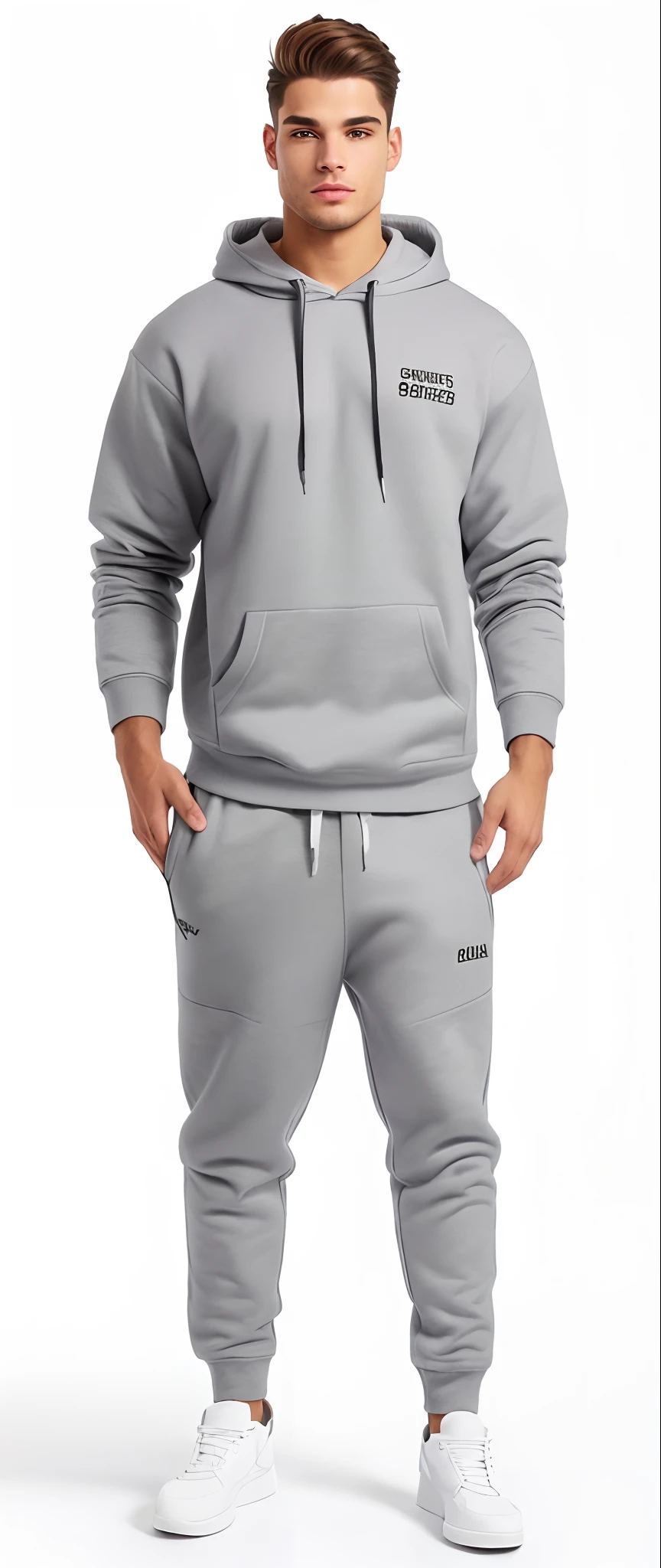 A man in a gray hoodie and sweatpants stands in front of a white background, wearing a hoodie and sweatpants, wearing a tracksuit, agasalho esportivo, roupas esportivas, wearing a track suit, capuz cinza, capuz cinza, usando capuz, vestindo um moletom cinza com capuz, roupas cinzas, usando um capuz, roupas esportivas, usando um capuz, capuz