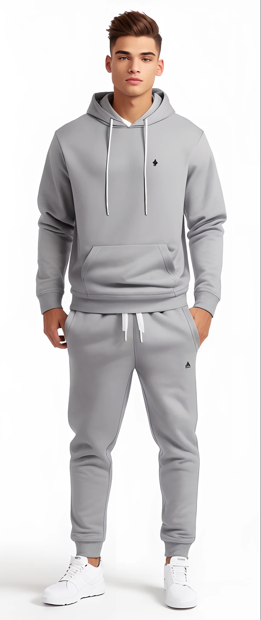 A man in a gray hoodie and sweatpants stands in front of a white background, wearing a hoodie and sweatpants, wearing a tracksuit, agasalho esportivo, roupas esportivas, wearing a track suit, capuz cinza, capuz cinza, usando capuz, vestindo um moletom cinza com capuz, roupas cinzas, usando um capuz, roupas esportivas, usando um capuz, capuz