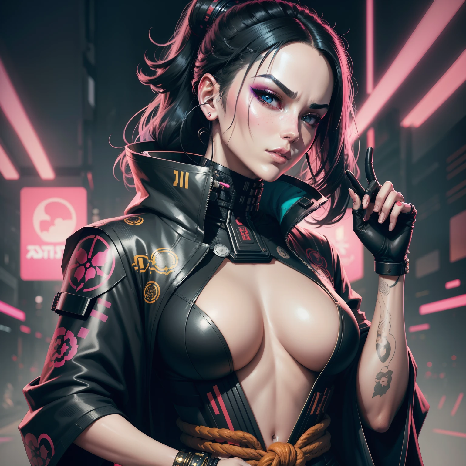 Portrait of beautiful cyberpunk 2b as a samurai in a futuristic kimono, intricate details, by tomer hanuka, j scott cambell, jorge jimenez, kaethe butcher, cel shading, bold lines, dynamic colors, high contrast, surreal, abstract background, coverart, artstation, 8k