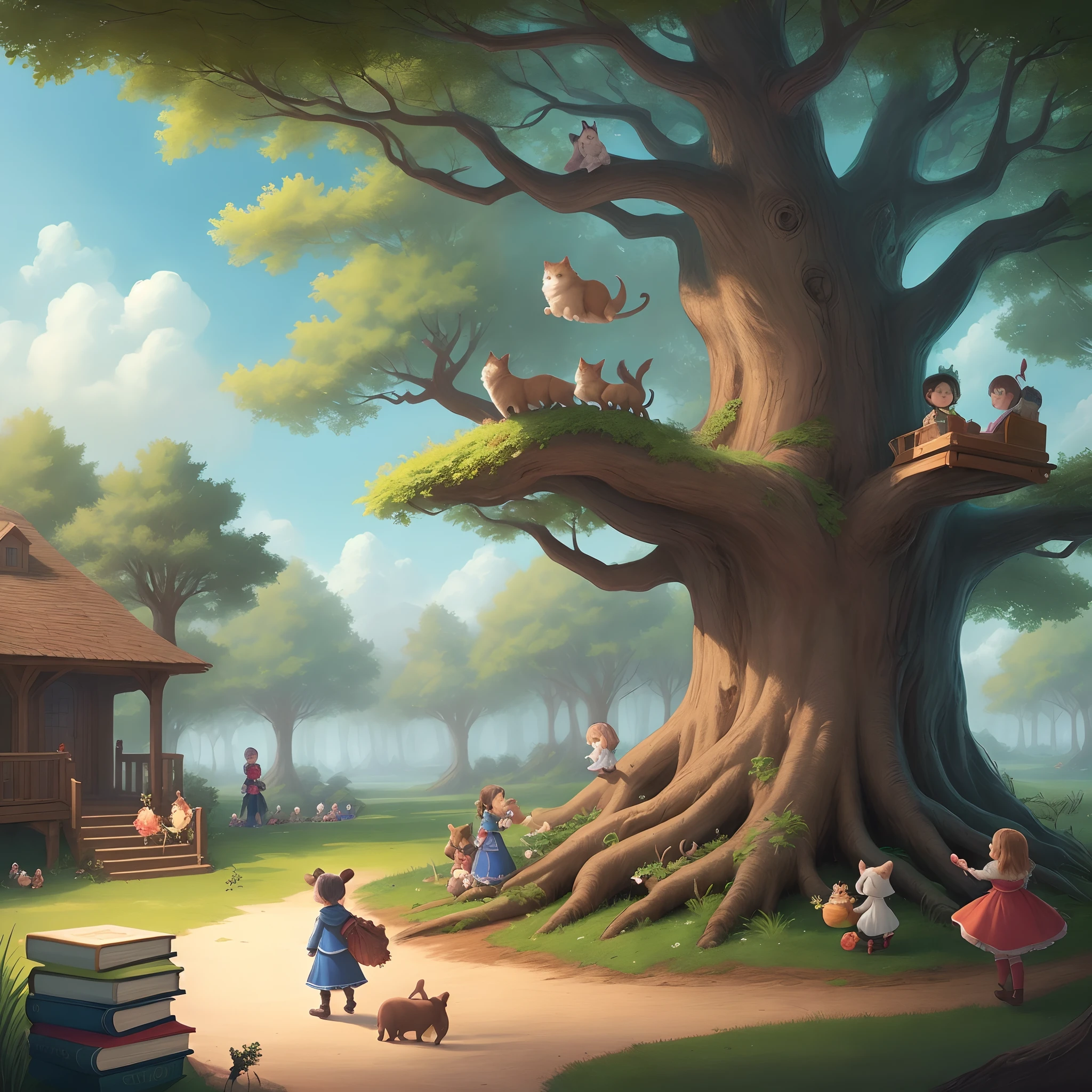 an enchanted setting with a large tree with curved branches, surrounded by adorable characters, animals and children, brincando e explorando. Magical books float in the air, open to show illustrations and stories