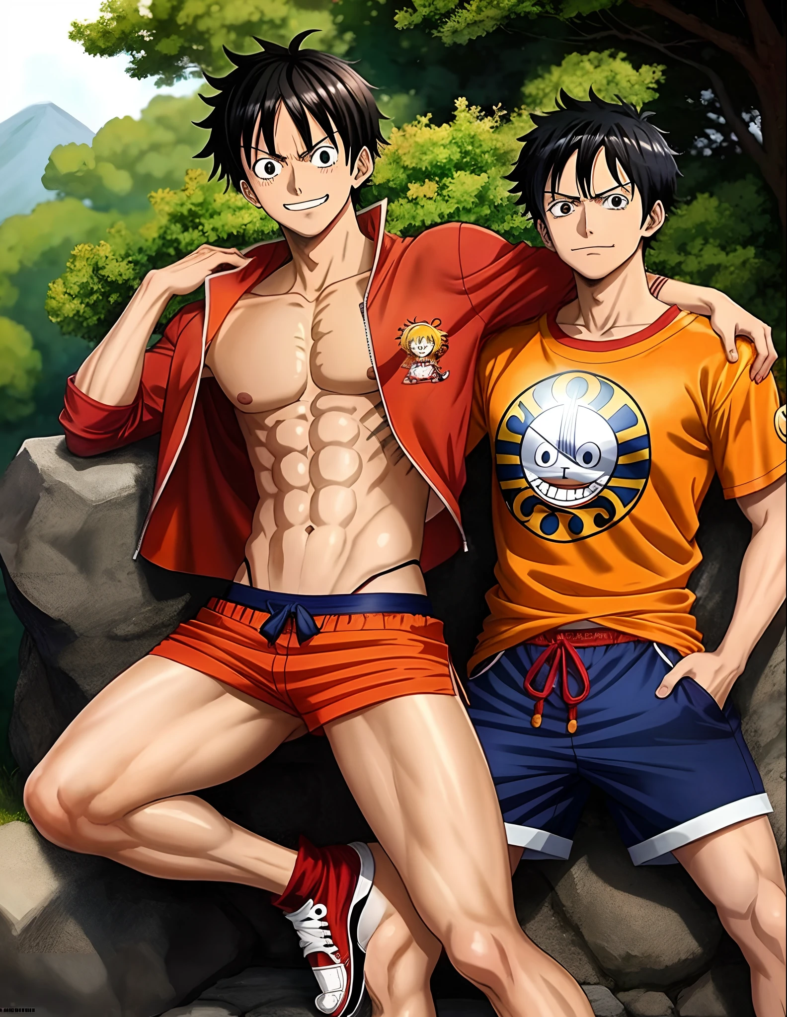 um desenho animado de um homem com tatuagens e uma camisa laranja, personagem de anime; arte de corpo inteiro, Luffy vestido como Naruto, sou um naranbaatar ganbold, Macaco D Luffy, Gatilho Estilo de Arte de Anime, personagem estilo anime, kentaro miura manga art style, kentaro miura manga style, Macaco D. Luffy, Luffy (one piece, como um personagem de anime