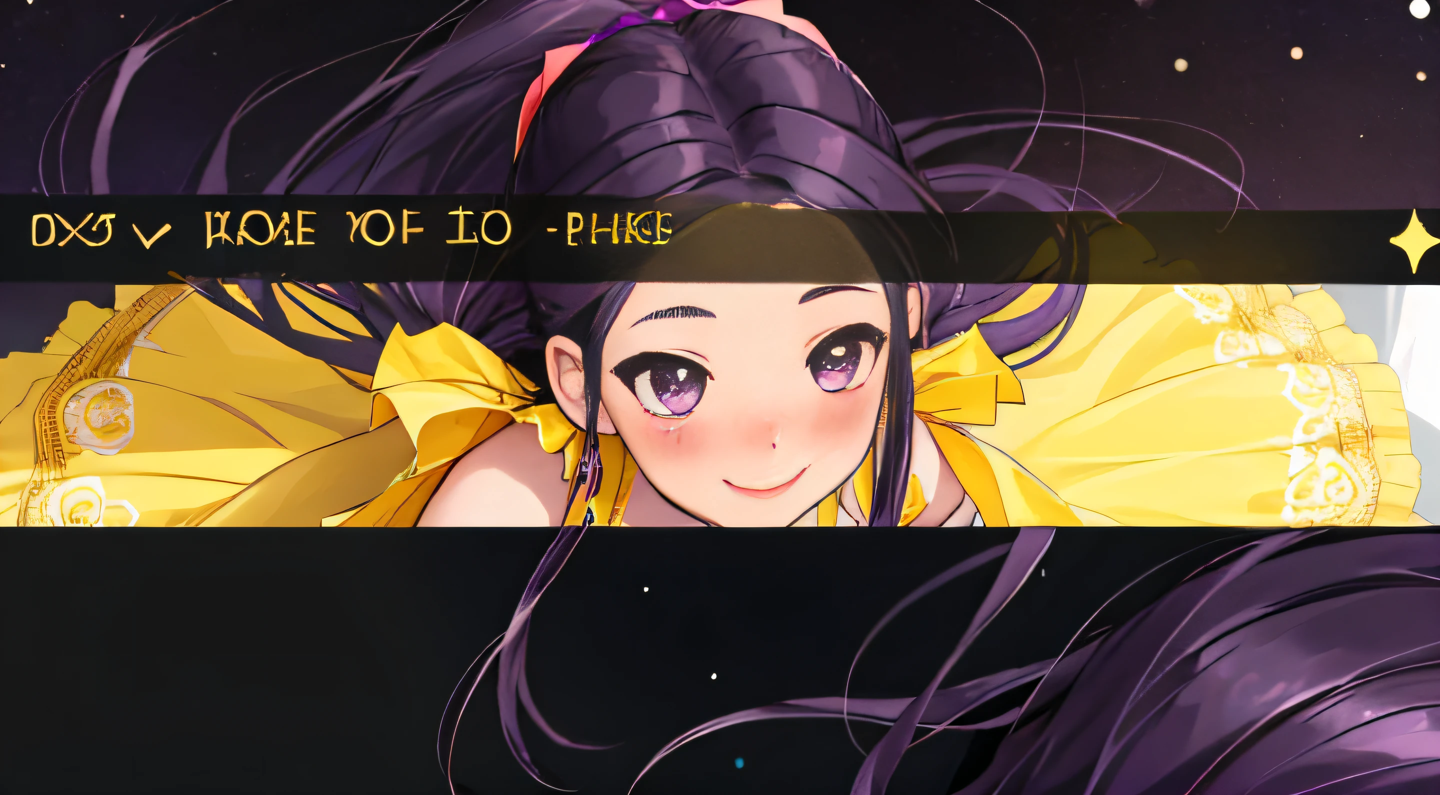 1girl, dark purple hair, dark purple eyes, (forehead), long hair, (yellow dress, intricate sundress, pantyhouse:0.9), (blush, shy, genuine smile), close-up