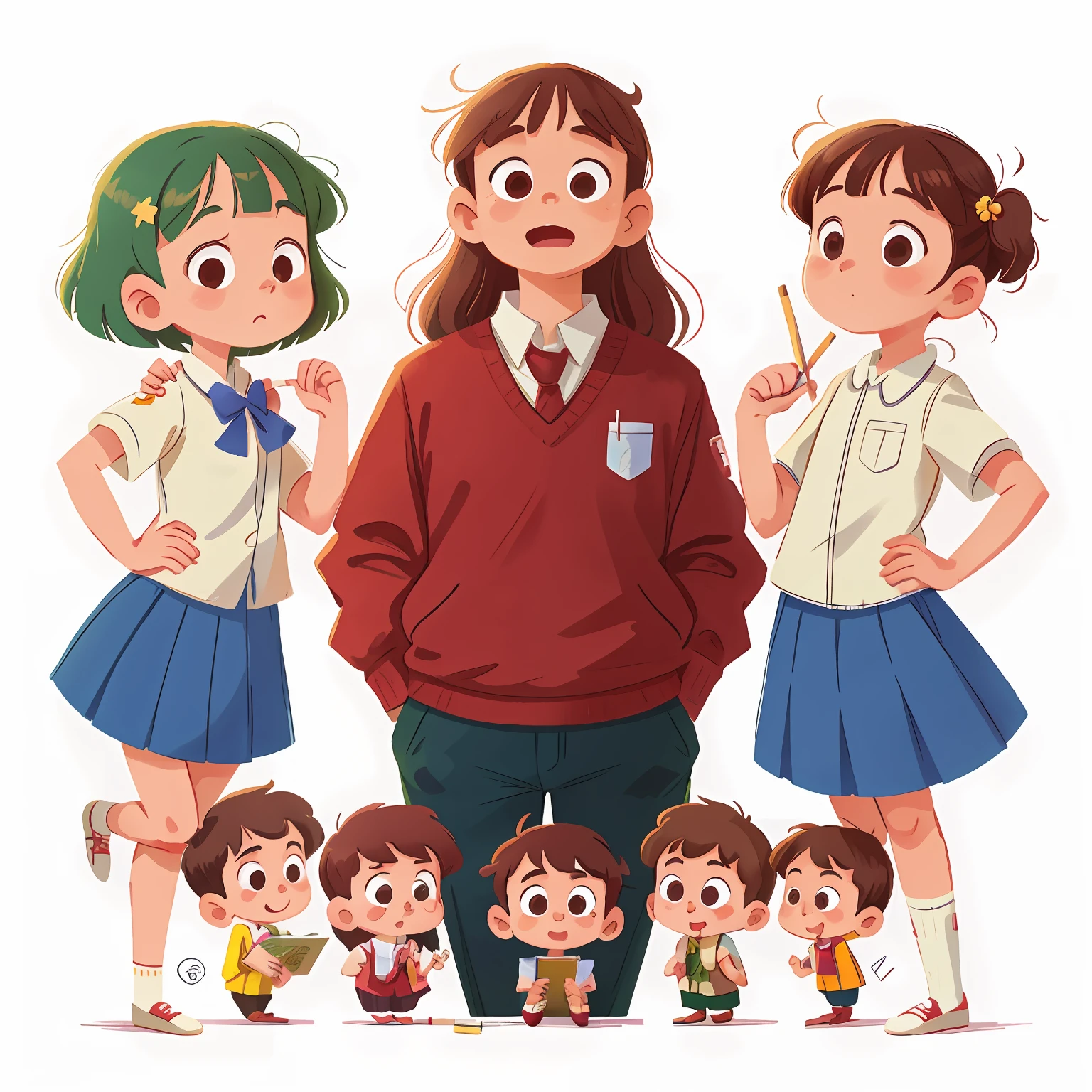 illustration, masterpiece, best quality, School teacher, in school uniform, with several students (girls and boys) standing side by side hand in hand standing side by side, hand on shoulder from opposite, Happy, full body, in the style of children book character, character sheet, white background, adjective + object, character sheet, children book character, white background, white background, looking at viewer,