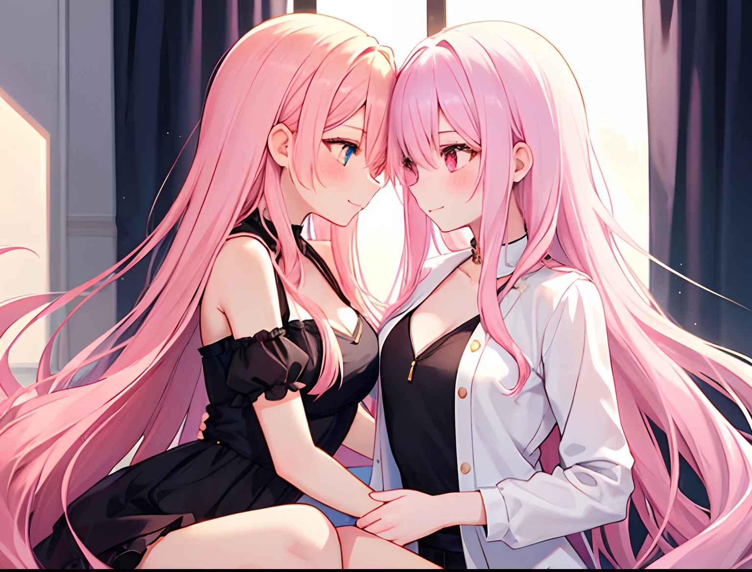 2girls,Girl1:,adolable,A pink-haired,long whitr hair,Girl 2:golden hair,Long hair,Touch each other's chests