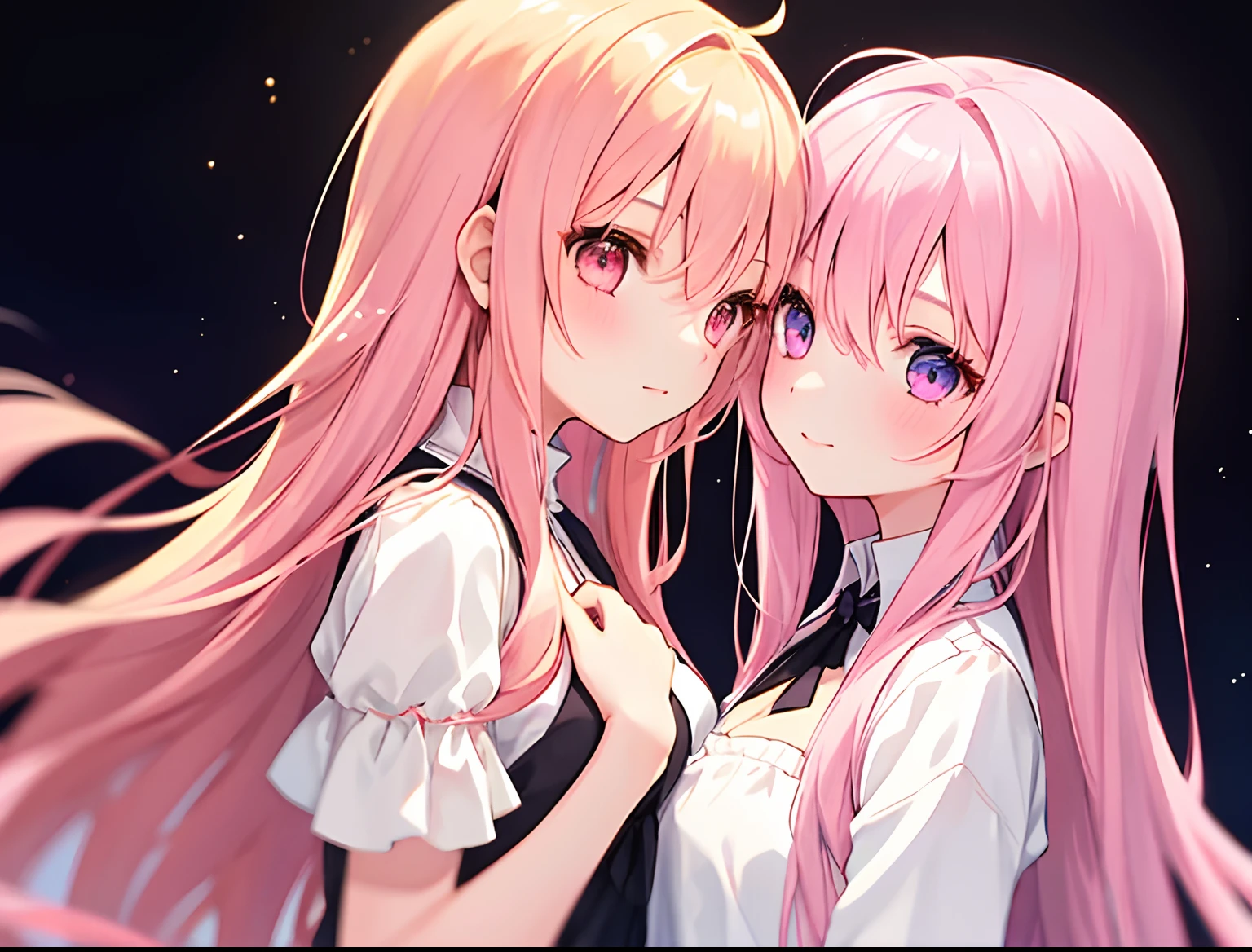 2girls，Girl1：，adolable，A pink-haired，long whitr hair，Girl 2：golden hair，Long hair，Touch each other's chests