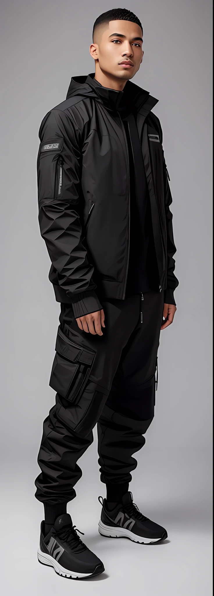 a man in a black jacket and black pants standing in front of a gray background, Acronym P31-DS Pants, roupas Techwear, Techwear, wearing japanese techwear, Futuro Techwear, Techwear Look e Roupas, model is wearing techtical vest, vestindo roupas urbanas, moda Techwear, Techwear futurista, acronym, vestindo roupas espaciais