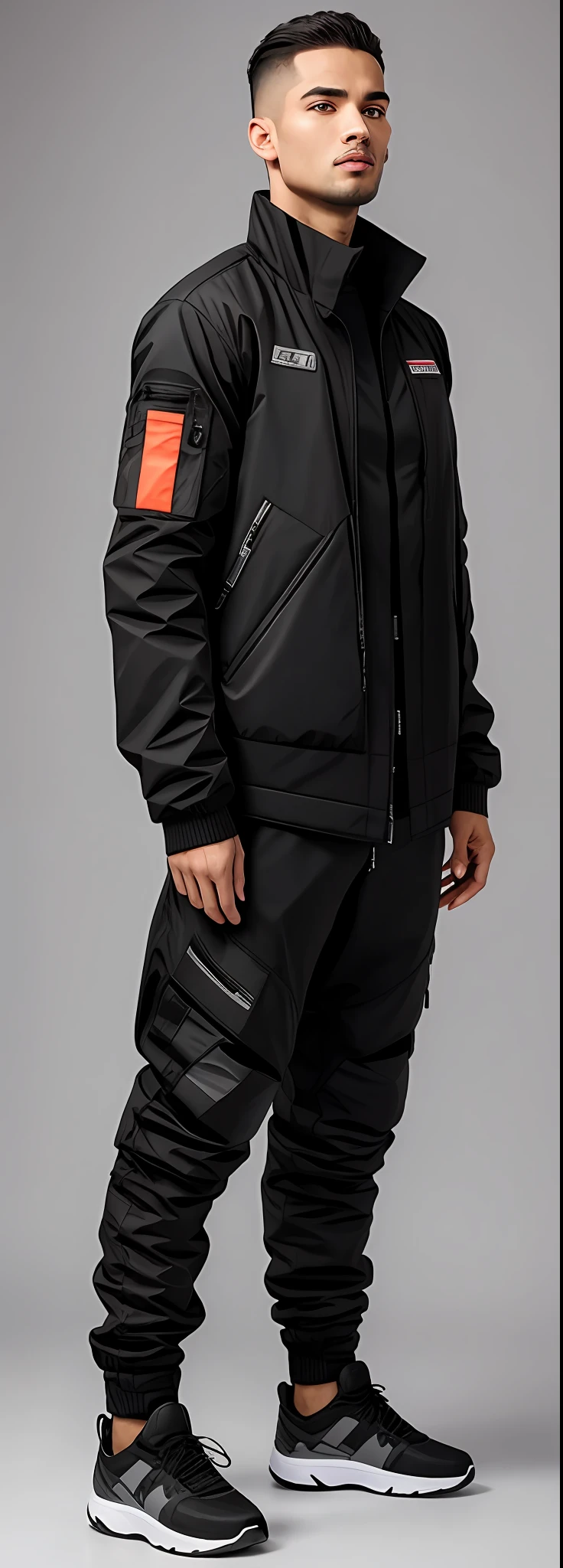 a man in a black jacket and black pants standing in front of a gray background, Acronym P31-DS Pants, roupas Techwear, Techwear, wearing japanese techwear, Futuro Techwear, Techwear Look e Roupas, model is wearing techtical vest, vestindo roupas urbanas, moda Techwear, Techwear futurista, acronym, vestindo roupas espaciais