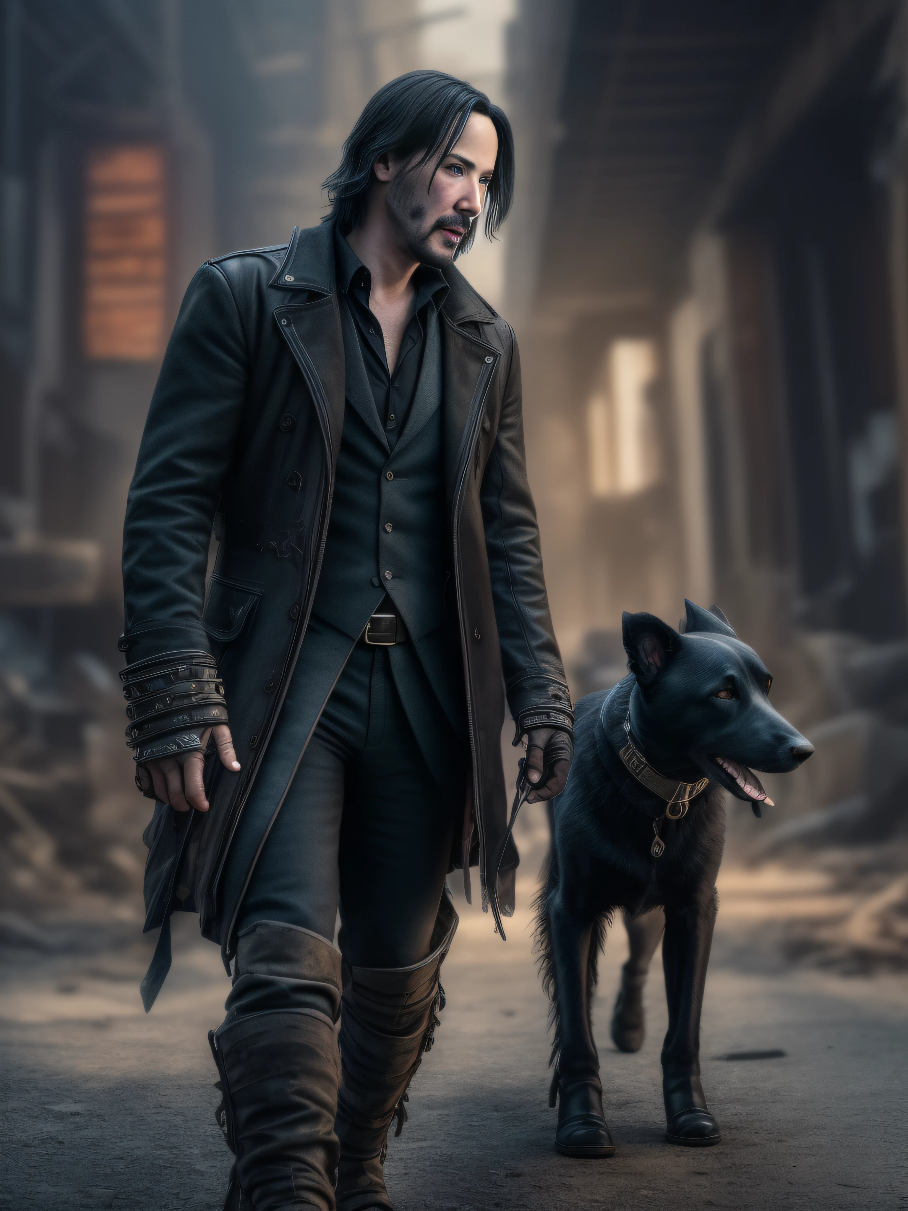 full shot, Keanu Reeves in the background of a post-apocalyptic city walks with a black dog, dressed in steampunk style in black clothes and boots, high resolution, clear focus, dramatic lighting, hyperphotorealism,35mm,natural skin,clothes detail, 8k texture, 8k, insane details, intricate details, hyperdetailedhighly detailed,realistic,soft cinematic light,HDR,sharp focus, ((((cinematic look)))),intricate, elegant, highly detailed