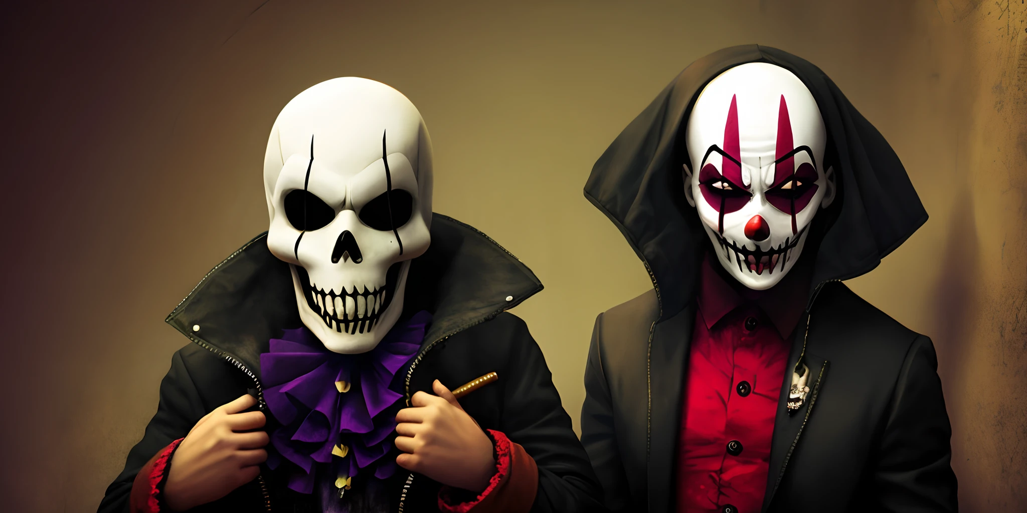 creepy clown photo, armado, caveira, com roupa de gangster