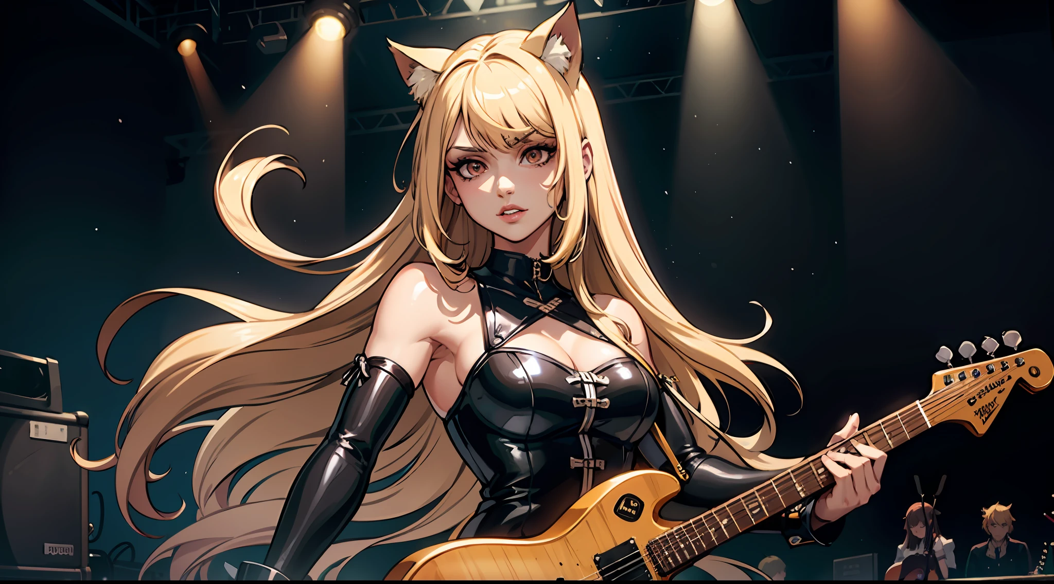 woman with long blonde hair in a side-parted hairstyle with big dark brown eyes and a thin nose and cat ears is playing electric guitar in a big rock show, rock star outfit, stage lights, glowing lights, dynamic lights, volumetric lights, dynamic composition, audience in the background, high definition, masterpiece, 8k, ultra resolution, intricate details