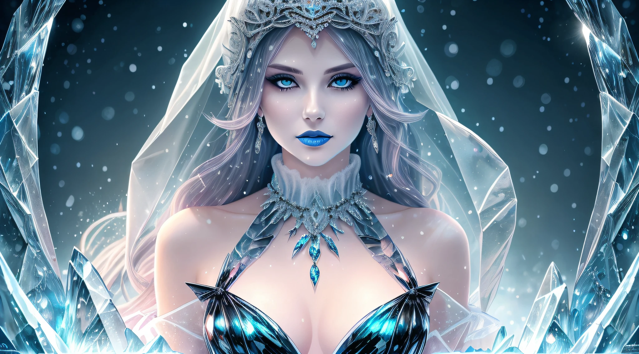 ilustration 1 woman, blue lipstick on lips, ice armor up to neck, cinematic light, highest quality, ultra detailed realism, detailed face, detailed eyes, best quality, hyper detailed, works cousin, masterpiece, top quality, best, official art, beautiful and aesthetic, long exposure: 1 elegant woman masterpiece,broad and delicate shoulders, medium breasts, Charming Patterns, Icy witch woman, White , eyes covered by a veil made of ice, Her body is covered with pieces of ice detailed in a beautiful black dress, witch, winter, ice throne, witchcraft, Tone of Magic in Blue, strong glow in neon blue, queen, majesty, in the background a blizzard covering the environment. Front portrait, full body.