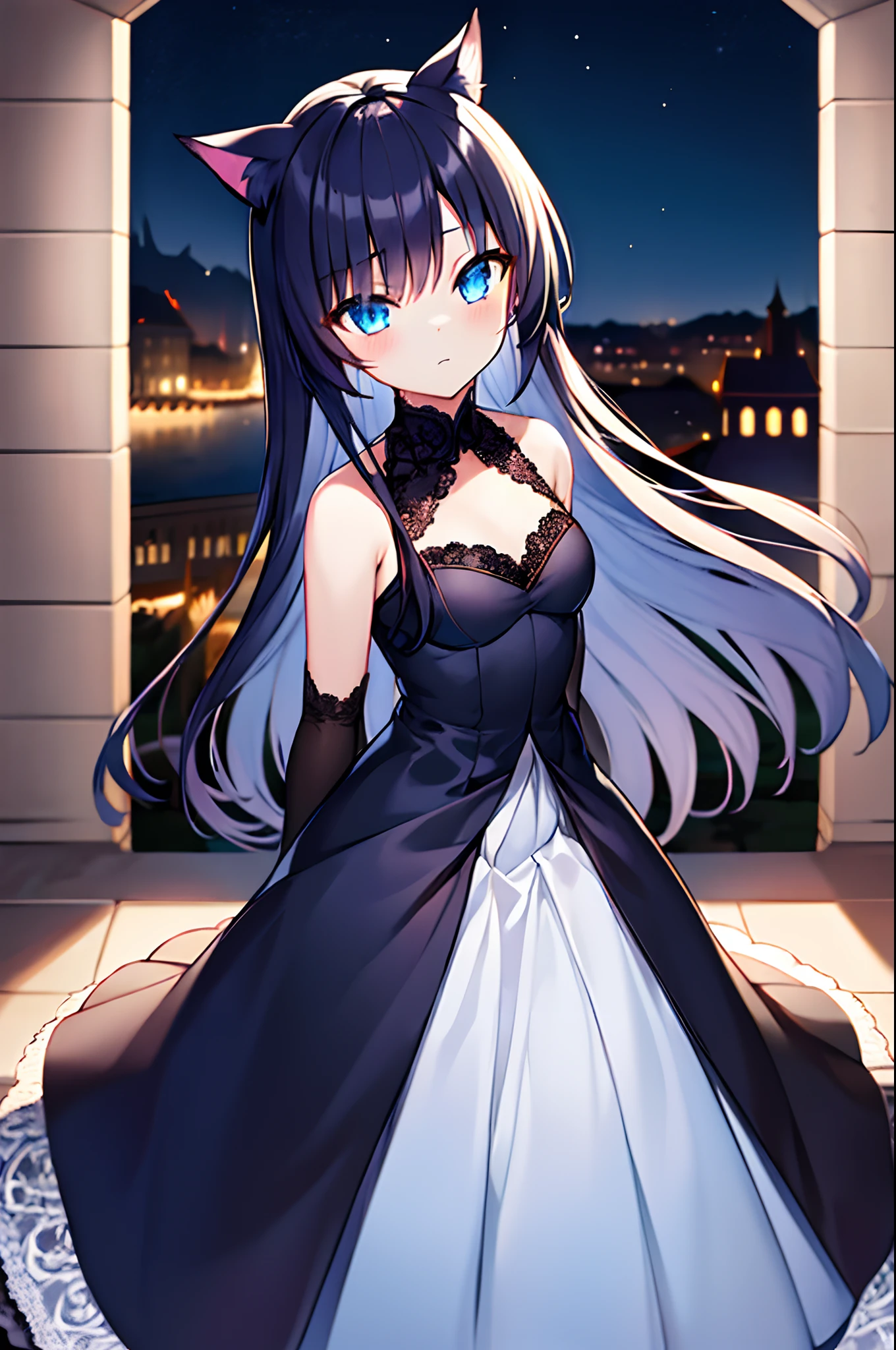 Anime girl with black long disheveled hair, black fox ears and blue eyes, wearing long straight blue beautifull dress, upper lace dress, castle hall, night, black sky, medieval, old town, perfect face, cute face, ultrasharp, 8k, masterpiece, seductive girl, perfect eyes, full body