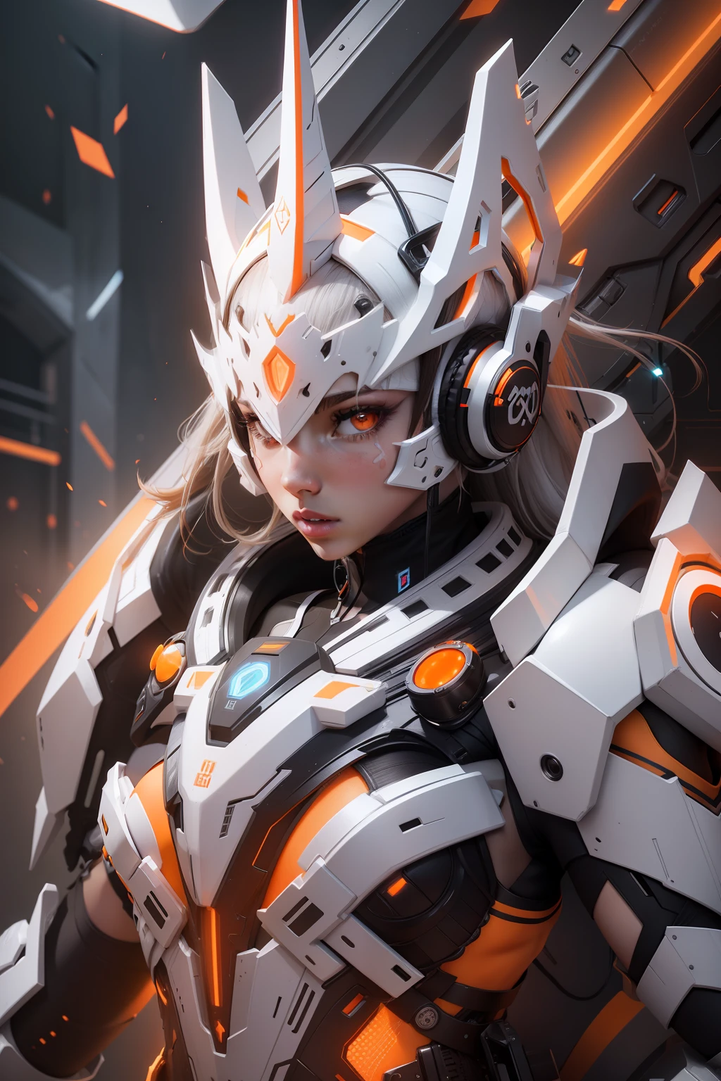 Female, girl, 3d, slim body, white detail, orange detail, black detail, neon body details, headphones, detail background, crown,