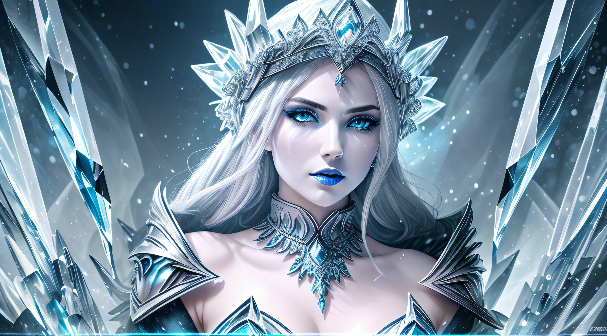 ilustration 1 woman, blue lipstick on lips, ice armor up to neck, cinematic light, highest quality, ultra detailed realism, detailed face, detailed eyes, best quality, hyper detailed, works cousin, masterpiece, top quality, best, official art, beautiful and aesthetic, long exposure: 1 elegant woman masterpiece,broad and delicate shoulders, medium breasts, Charming Patterns, Icy witch woman, White , eyes covered by a veil made of ice, Her body is covered with pieces of ice detailed in a beautiful black dress, witch, winter, ice throne, witchcraft, Tone of Magic in Blue, strong glow in neon blue, queen, majesty, in the background a blizzard covering the environment. Front portrait, full body.
