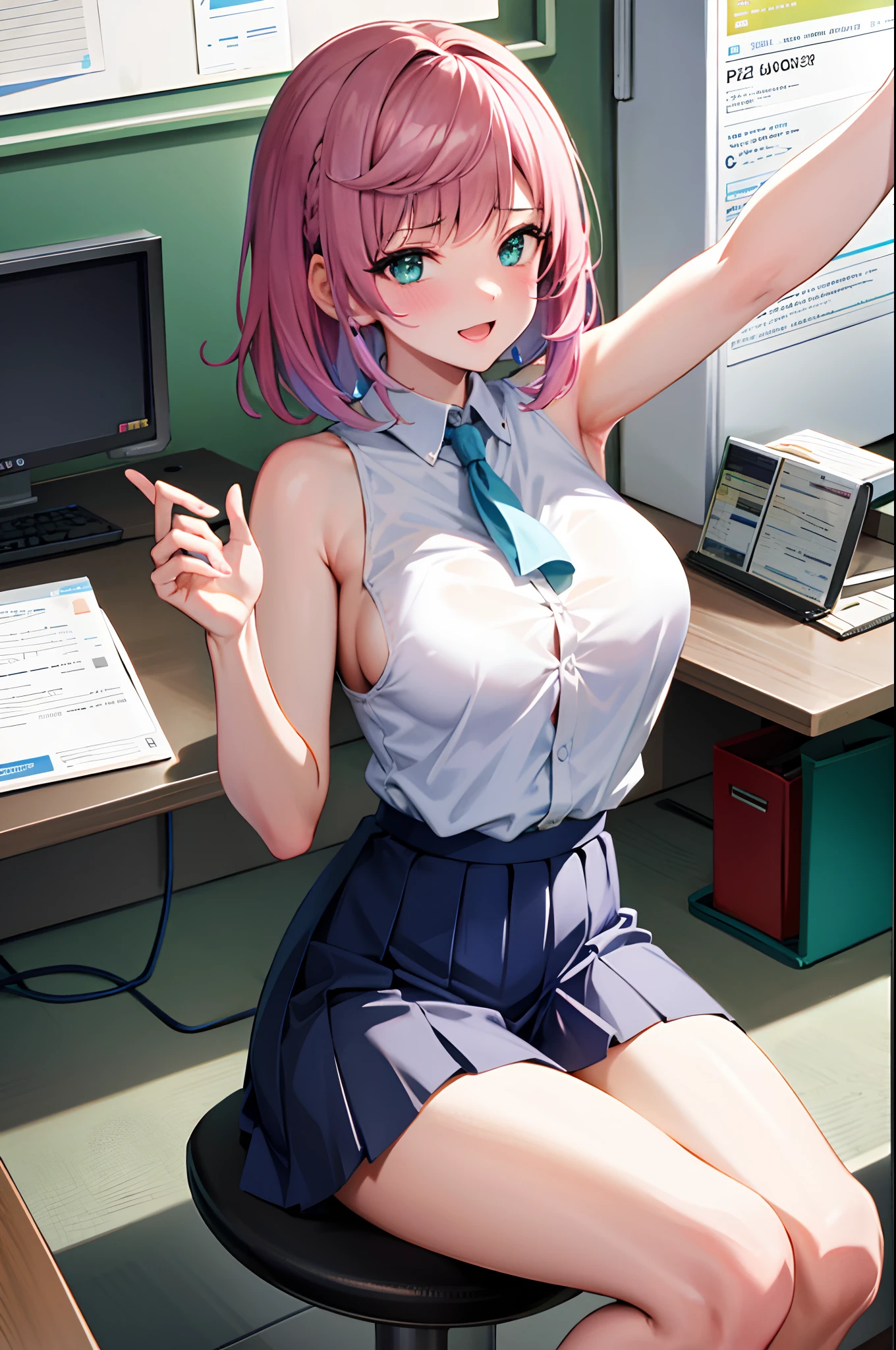 （（tmasterpiece，best qualityer））， （1girll），（（a matural female））， Pink hair， （（office  lady）），middlebreast，（plumw），exposing her chest（Reach up，Expose the armpits）Slim，ssmile，Very short pleated skirt，[Wide buttock]，Sit on the office desk，spread their legs，Vaginal thrust by，