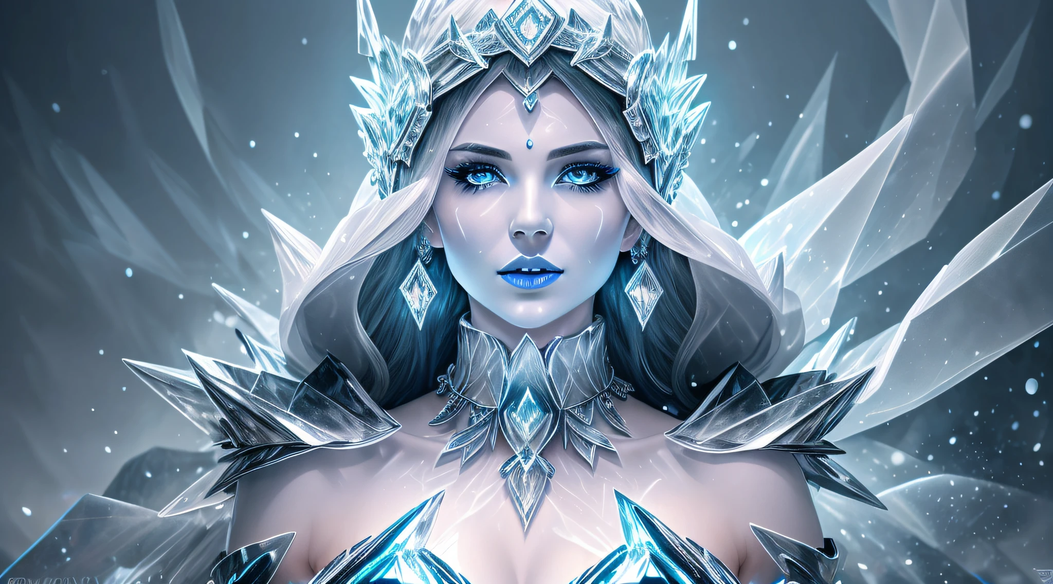 ilustration 1 woman, blue lipstick on lips, ice armor up to neck, cinematic light, highest quality, ultra detailed realism, detailed face, detailed eyes, best quality, hyper detailed, works cousin, masterpiece, top quality, best, official art, beautiful and aesthetic, long exposure: 1 elegant woman masterpiece,broad and delicate shoulders, medium breasts, Charming Patterns, Icy witch woman, White , eyes covered by a veil made of ice, Her body is covered with pieces of ice detailed in a beautiful black dress, witch, winter, ice throne, witchcraft, Tone of Magic in Blue, strong glow in neon blue, queen, majesty, in the background a blizzard covering the environment. Front portrait, full body.