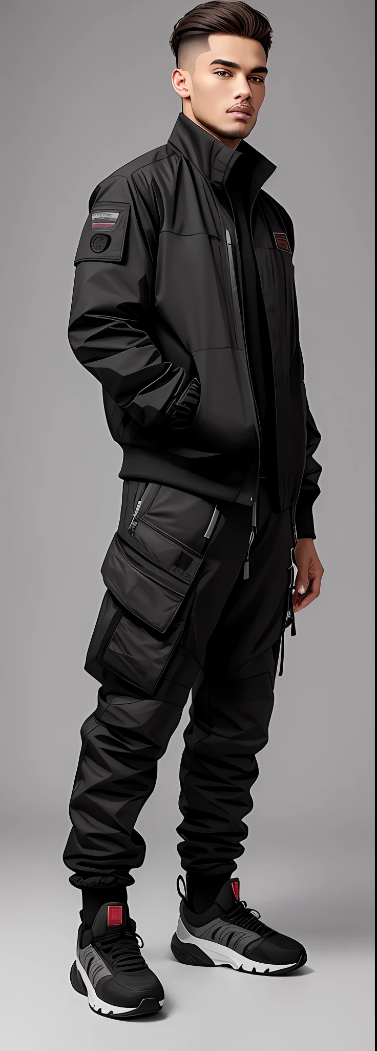 a man in a black jacket and black pants standing in front of a gray background, Acronym P31-DS Pants, roupas Techwear, Techwear, wearing japanese techwear, Futuro Techwear, Techwear Look e Roupas, model is wearing techtical vest, vestindo roupas urbanas, Techwear moda, Techwear futurista, acronym, vestindo roupas espaciais