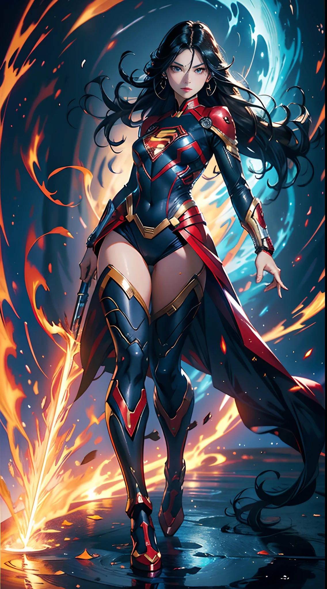 Full body portrait of a woman with long black hair,Belle peinture de personnage,,Supergirl,Wearing Iron Man,Epic and beautiful character art,Stunning character art,Guvitz at the Pixiv Art Station,Bigchest,Leakage of exposed milk,Bare lower body,Camel toes,Protruding underparts,Pornographic leaks,nakeness,比基尼,frontage
