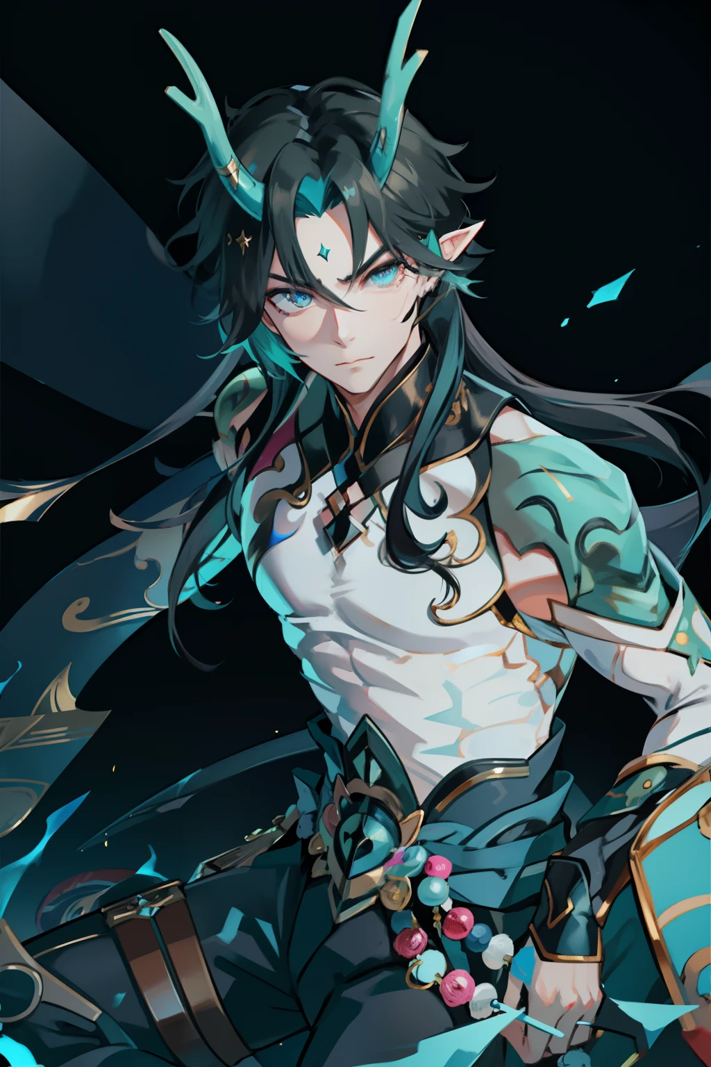 (absurderes,A high resolution,Hyper-detailing,hdr),Dragon's horn,younge boy,tmasterpiece,best qualtiy,1人,独奏,Handsome,Golden eyes,Fine eyes and detailed face,toppless,Tattooed with,arma,seated on a throne,pervert smirk,Abs,chest muscle,Raised sexy,Ruffian,Show your temperament,Male,masculine appeal,Male characteristics are distinct,Long messy hair,Arrogant self-confidence,