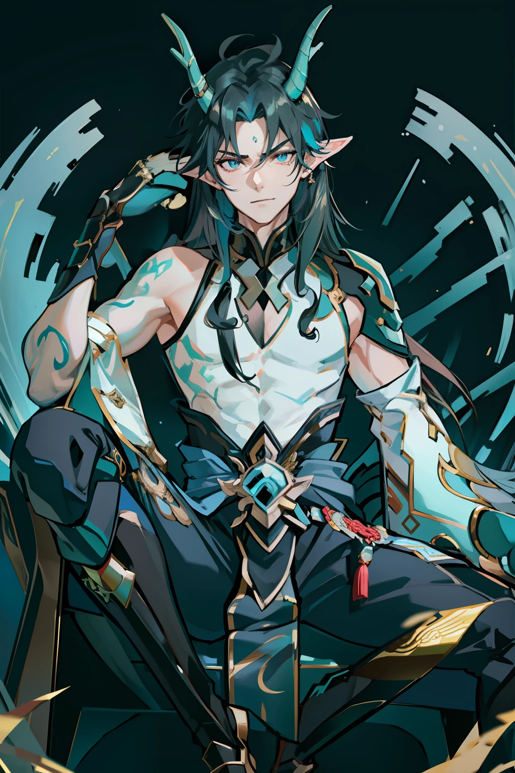 （absurderes，A high resolution，Hyper-detailing，hdr），Dragon's horn，younge boy，tmasterpiece，best qualtiy，1人，独奏，Handsome，Golden eyes，Fine eyes and detailed face，toppless，Tattooed with，arma，seated on a throne，pervert smirk，Abs，chest muscle，Raised sexy，Ruffian，Show your temperament，Male，masculine appeal，Male characteristics are distinct，Long messy hair，Arrogant self-confidence，Sit majestically on the throne with your legs crossed